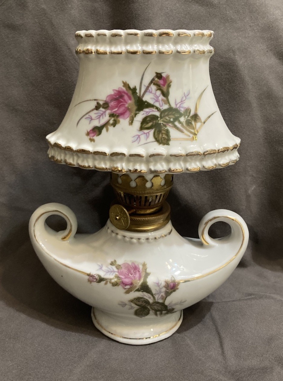 Miss Rose Pink Porcelain Oil Lamp, With Matching Porcelain Shade, 6.75” Japan Miss Rose Pink Porcelain Oil Lamp, With Matching Porcelain Shade, 6.75” Japan
