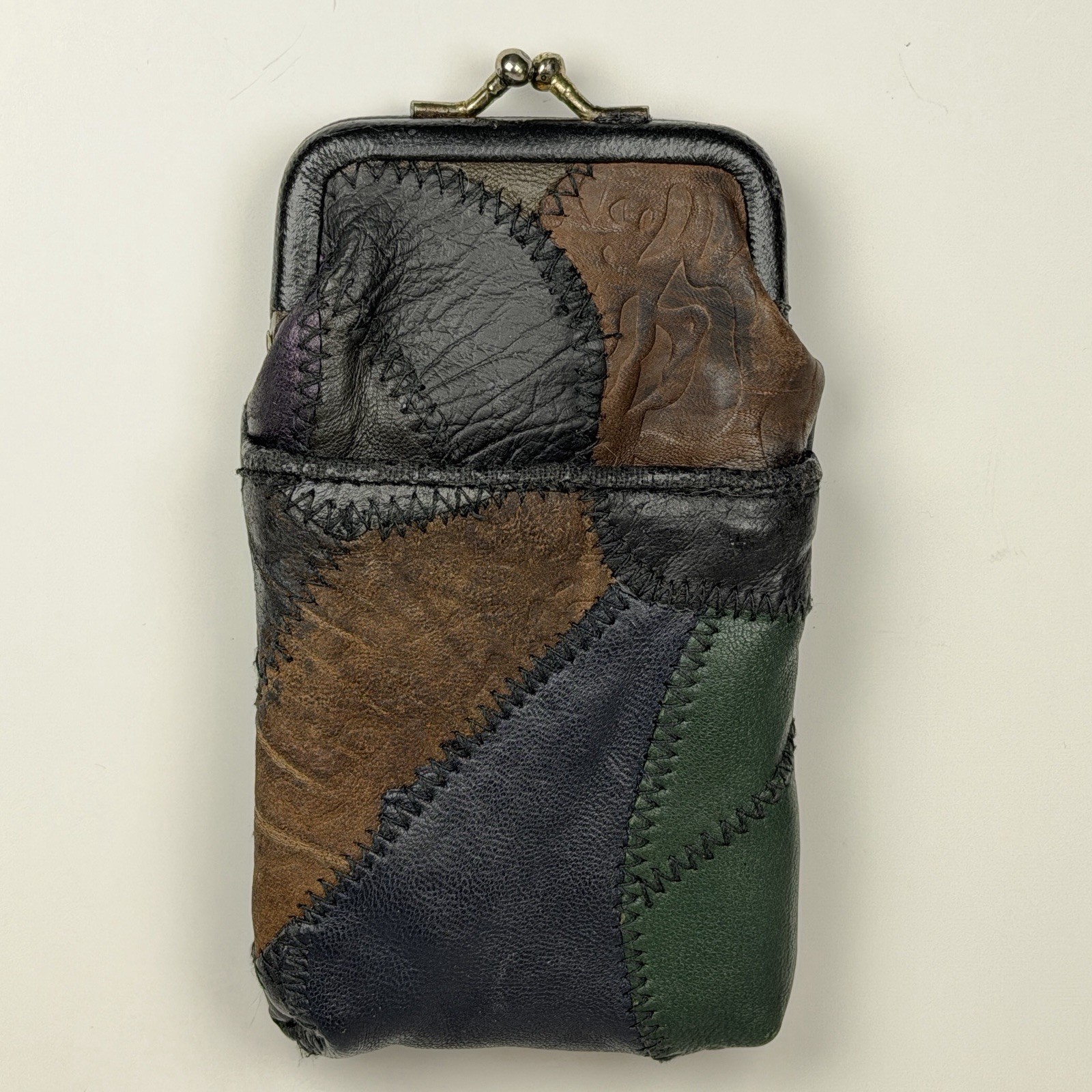 Vintage Patchwork Leather Kiss Lock Cigarette Case 80s Brown Green Blue Black