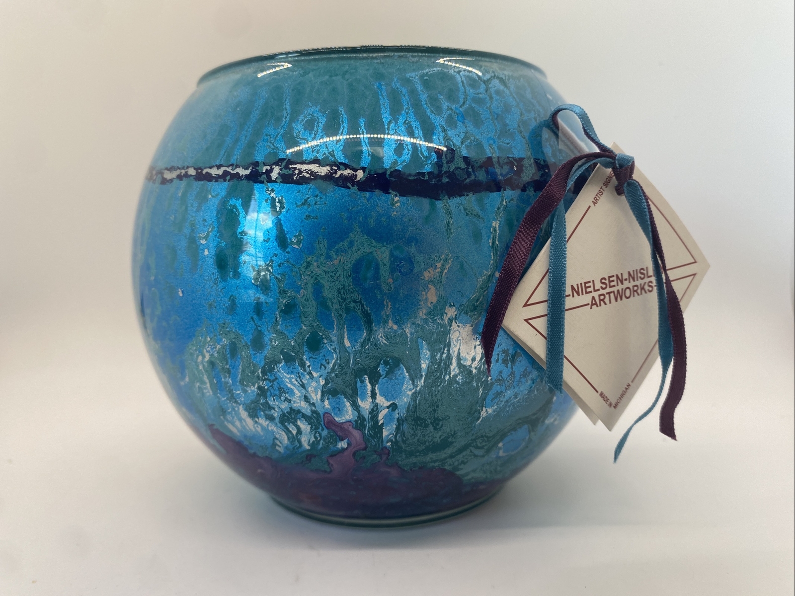 Nielsen Nisley Artworks Art Glass Round Vase Votive Reverse Hand Painted Signed