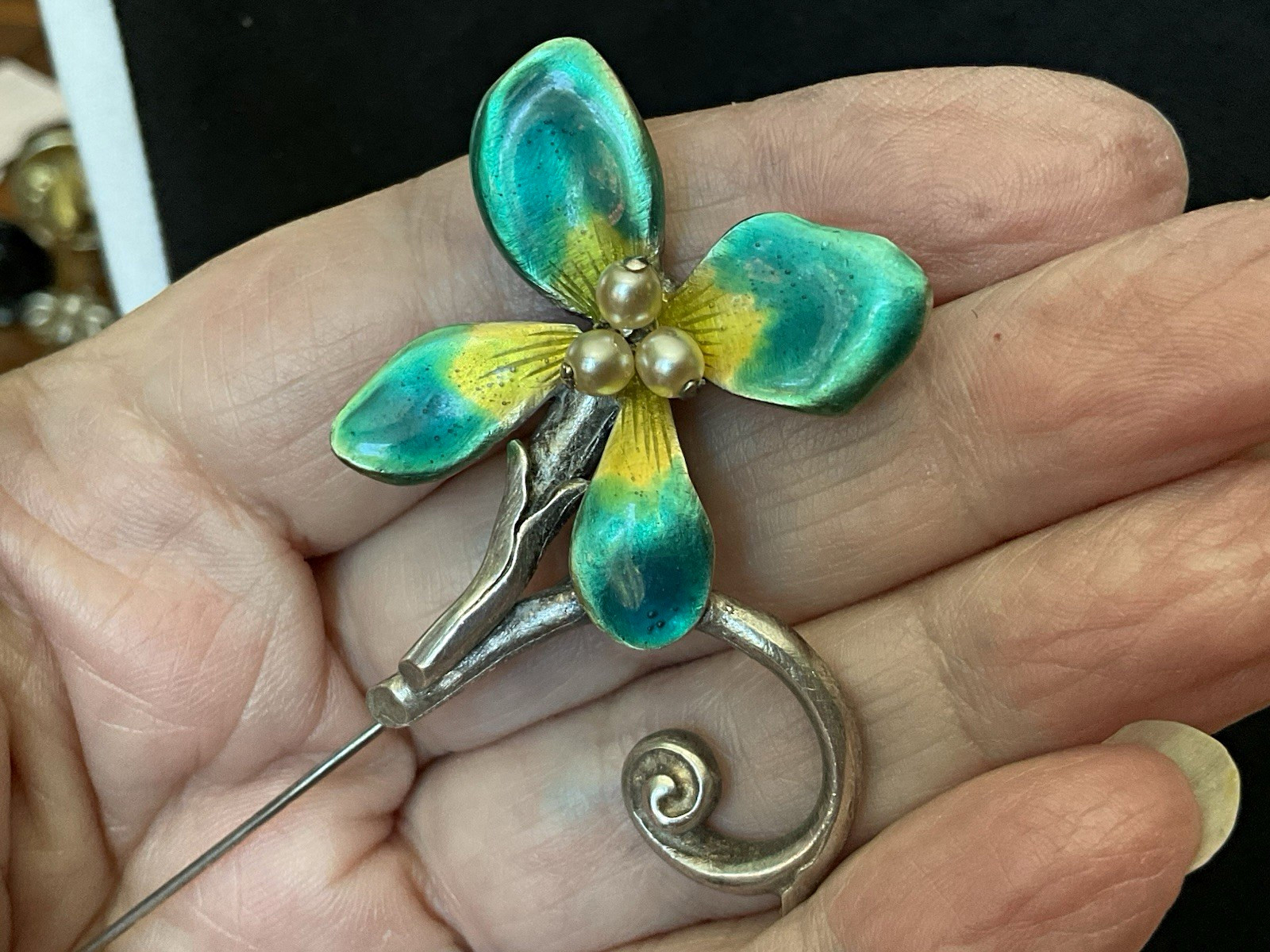 Antique Sterling Poured Enamel Pansy w/Pearls Art Nouveau Sticker Pin