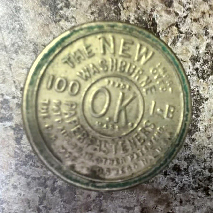 Vintage Antique The New Washburne OK Paper Fasteners Brass Tin Box W/ 17 Clips