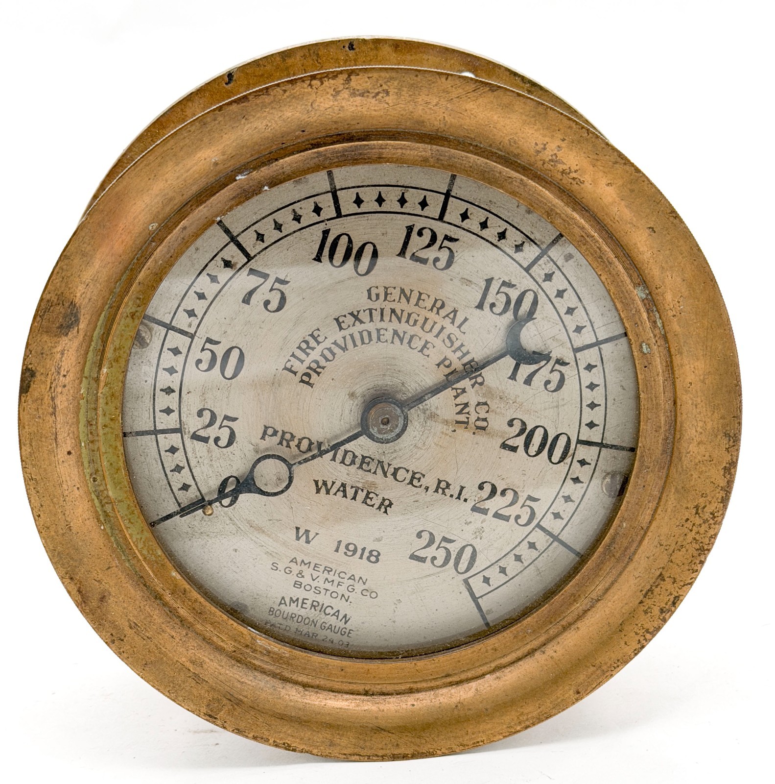 Antique 1918 General Fire Extinguisher Co. brass water Gauge Providence, RI
