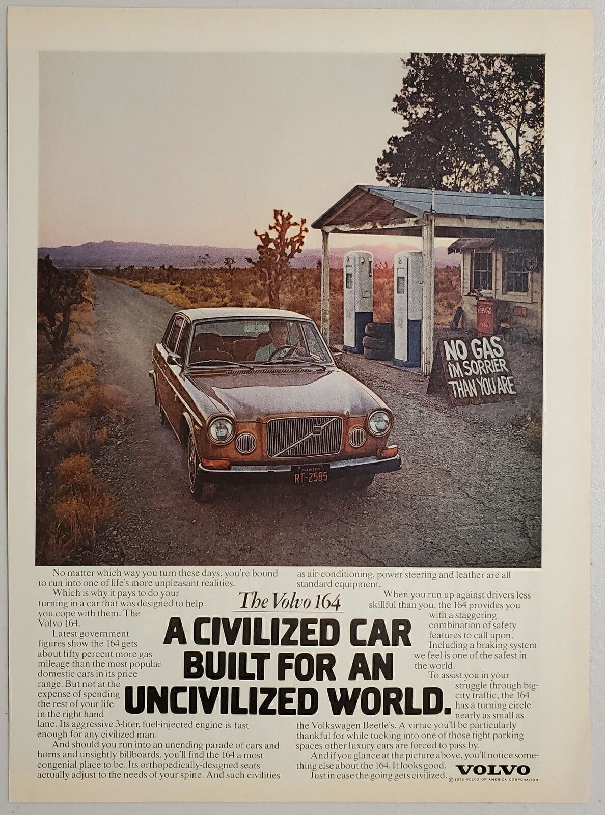 1973 Print Ad The Volvo 164 Vintage Gas Station is Out of Gas Old Pumps