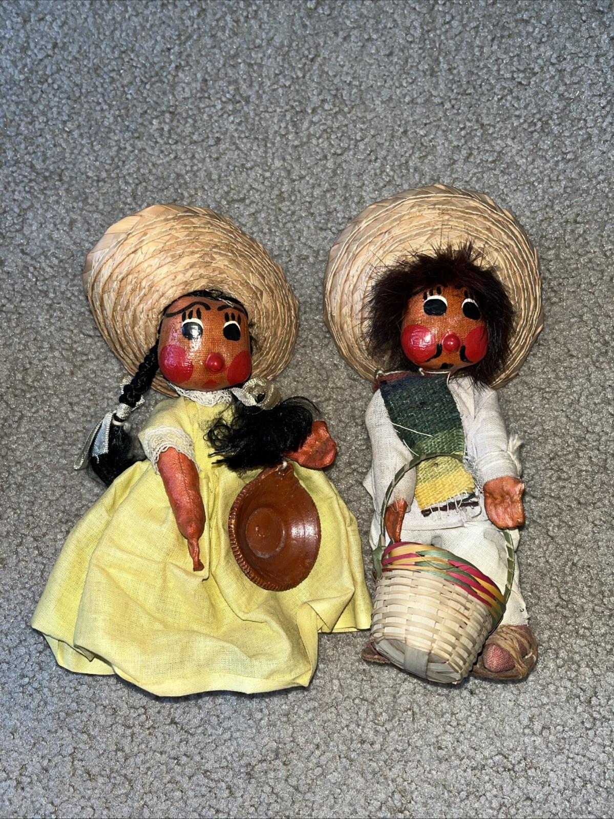 Vintage Mexican Folk Art Dolls Pair Lot of 2 Good Condition Figurines