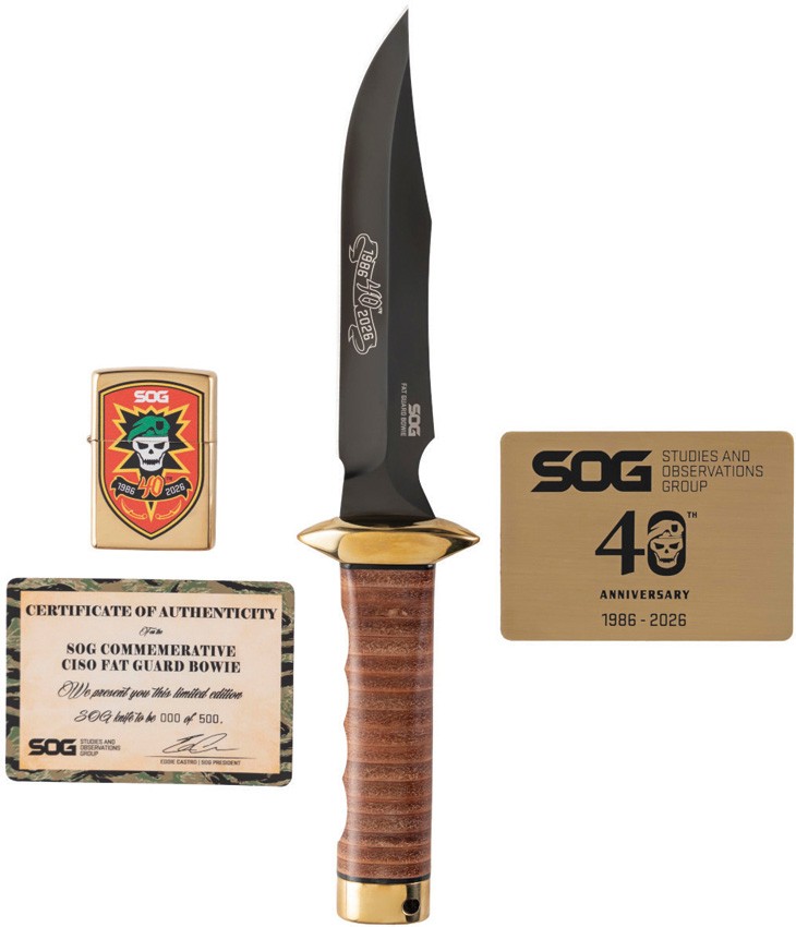 SOG 40th Anniversary Bowie LTE Stacked Leather AUS-8 Fixed Blade Knife S40BBX