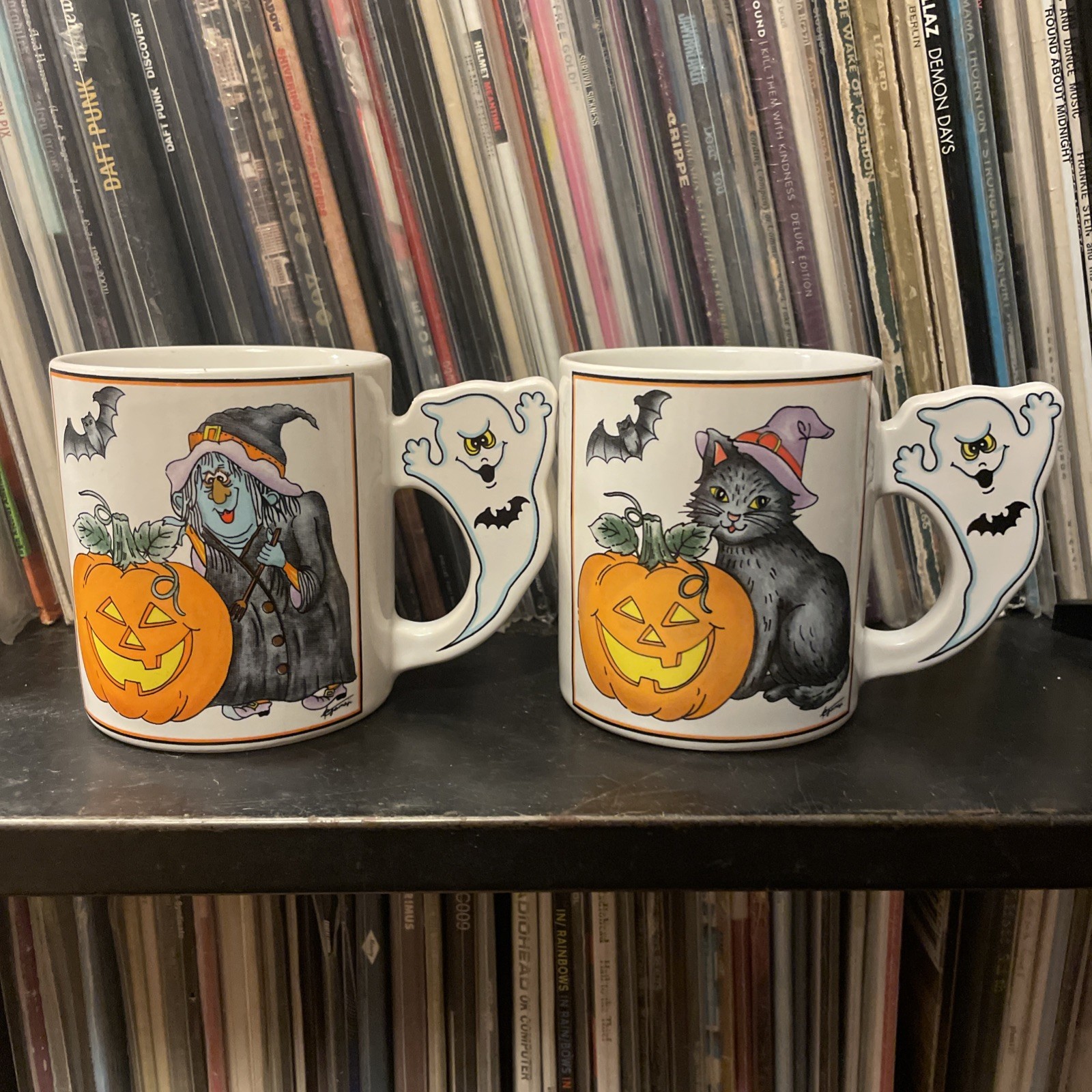 VTG 2 C. Jamaji Halloween Coffee Mugs Pumpkin Witch Cat Bat Ghost Handle Japan