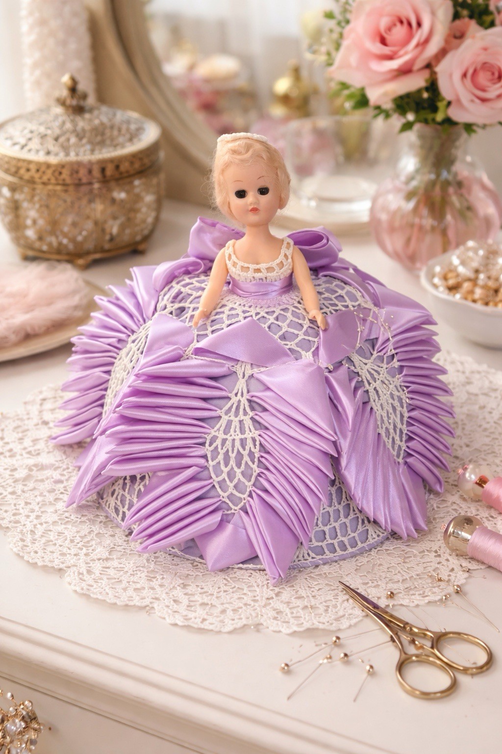 Vintage Ribbonwork Pincushion Doll Lavender Satin Boudoir Sewing Decor