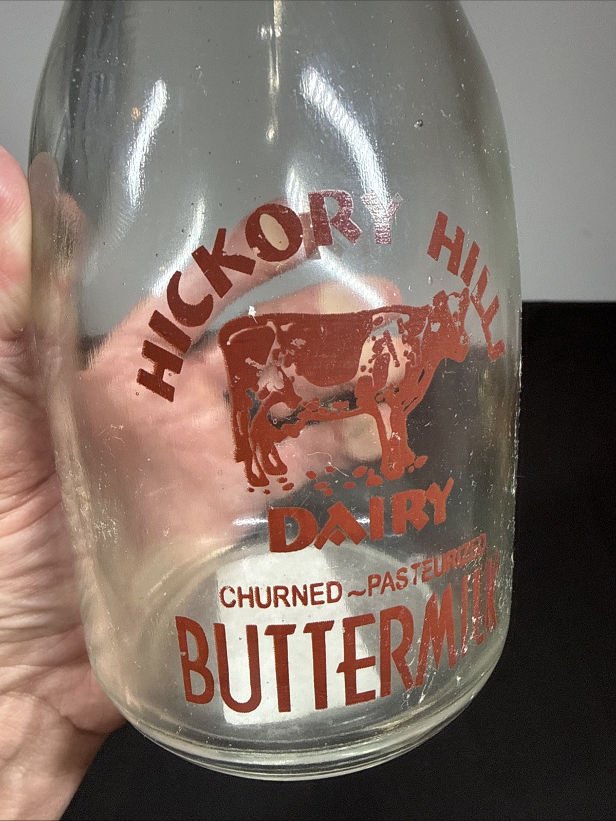 Vintage Hickory Hills Dairy Buttermilk Bottle With Image Of Cow On It