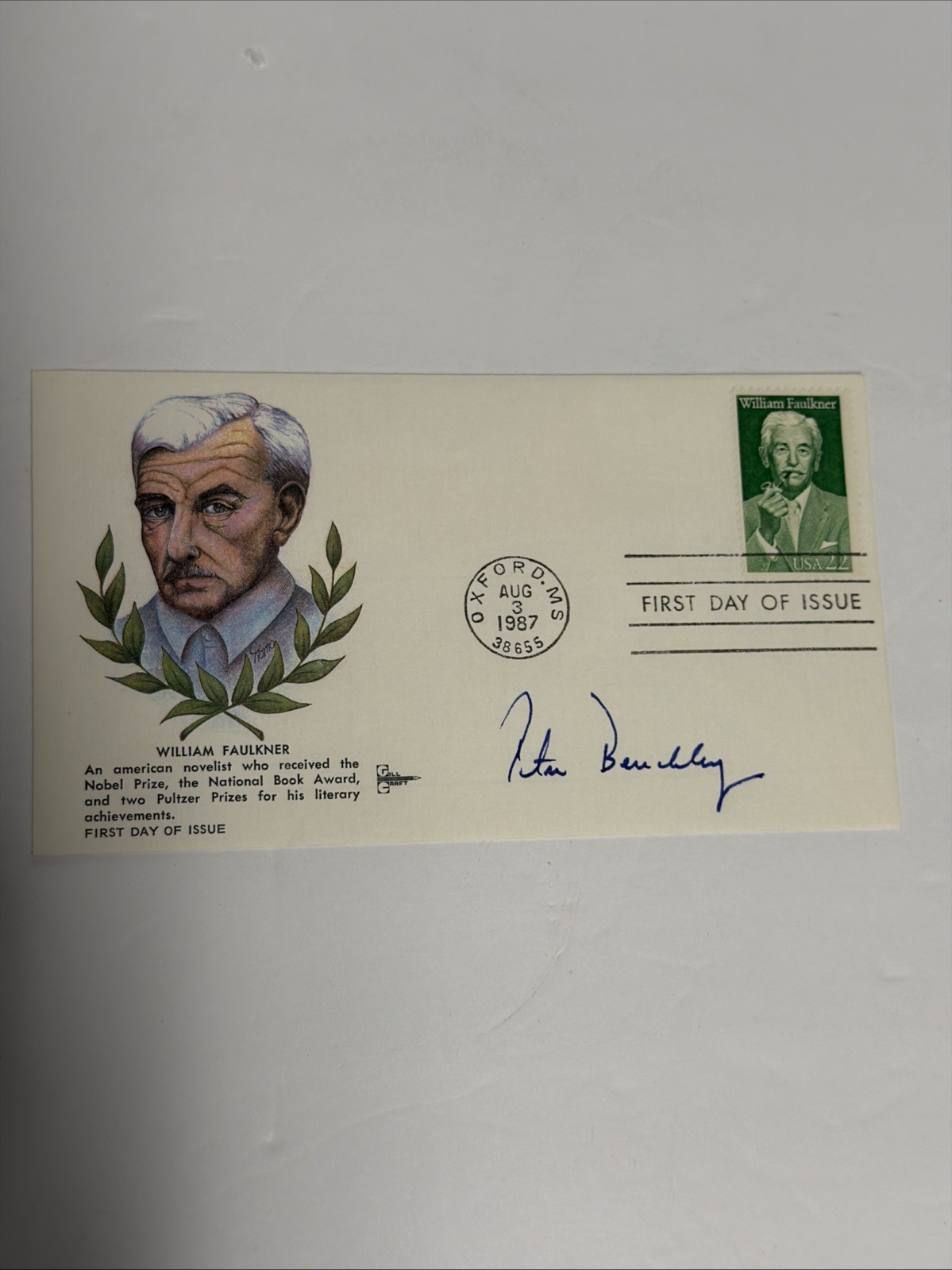 Peter Benchley SIGNED William Faulkner 1987 First Day Of Issue Cover FDC Cachet Peter Benchley SIGNED William Faulkner 1987 First Day Of Issue Cover FDC Cachet