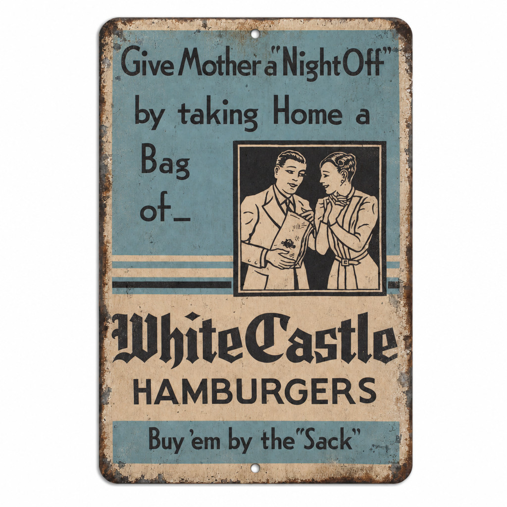 White Castle Hamburgers Metal Sign Vintage Style Buy em By the Sack Ad - 3 Sizes