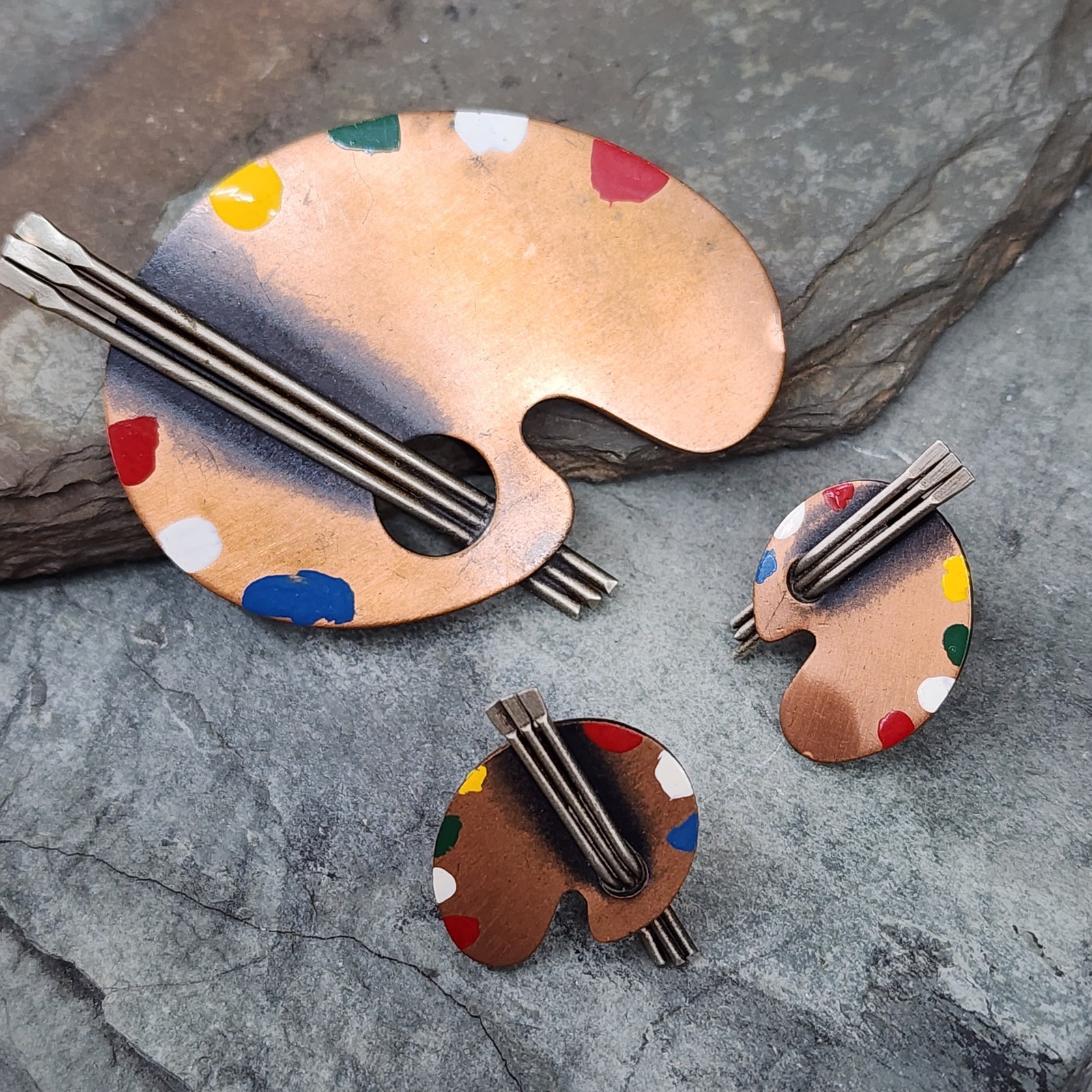 Vintage Rebajes Copper Artist's Painting Palette Enameled Brooch & Earrings Set