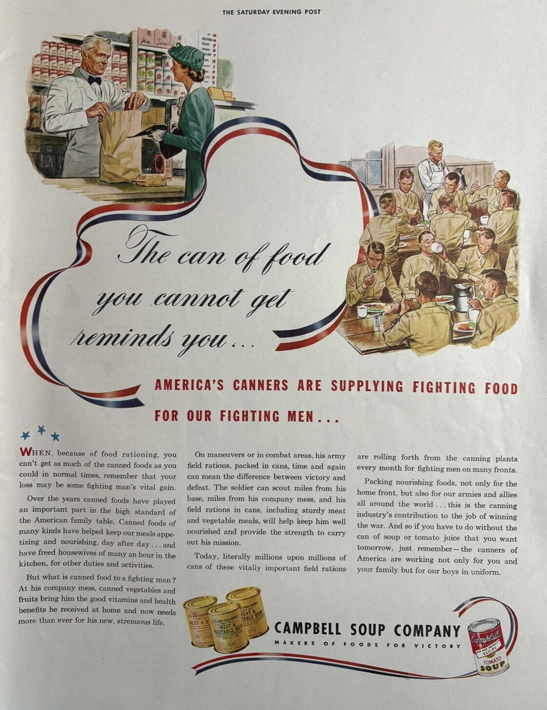 1943 Campbells Soup Company Foods Victory Fighting Men Supplying WW II Print Ad