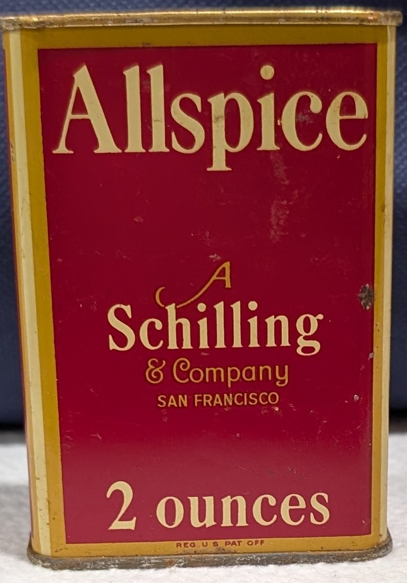 Vintage 1933 Schilling Allspice 2 Oz Spice Tin Red Gold Kitchen - 1193