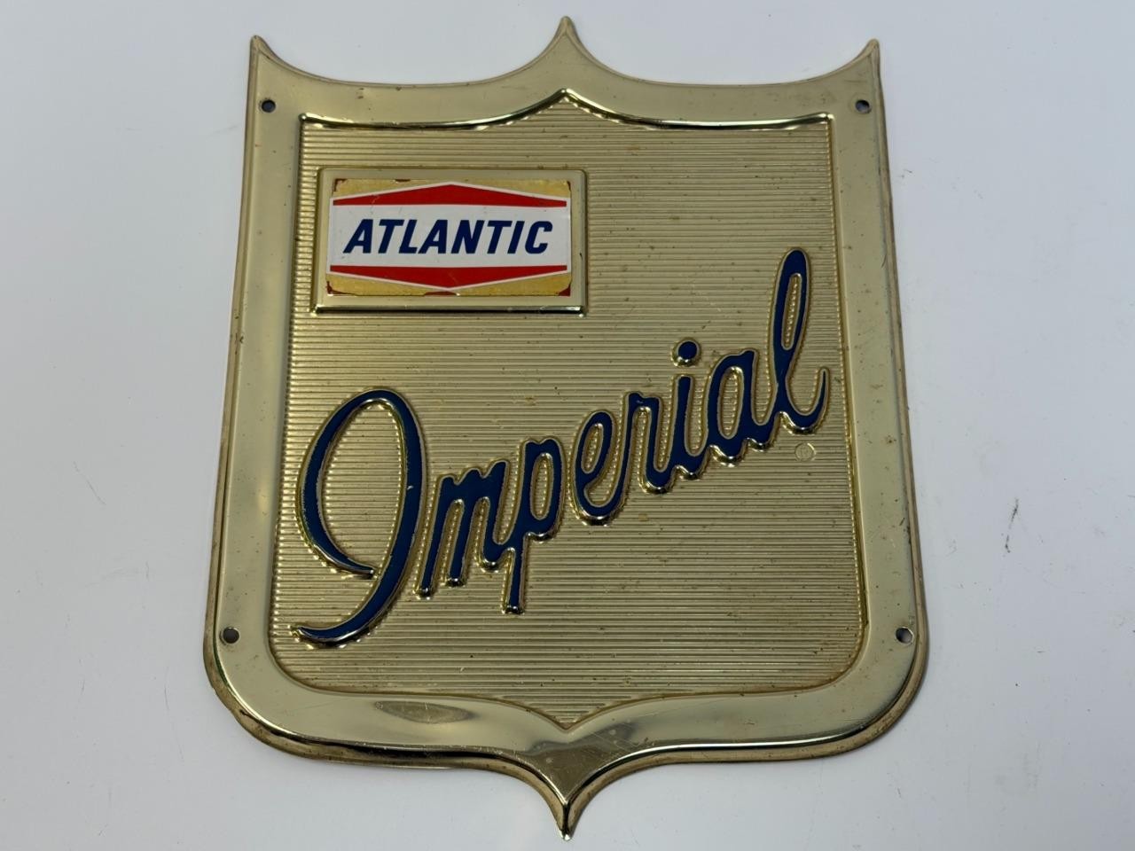 VINTAGE 1950s ATLANTIC IMPERIAL GASOLINE CHROME SHIELD SIGN