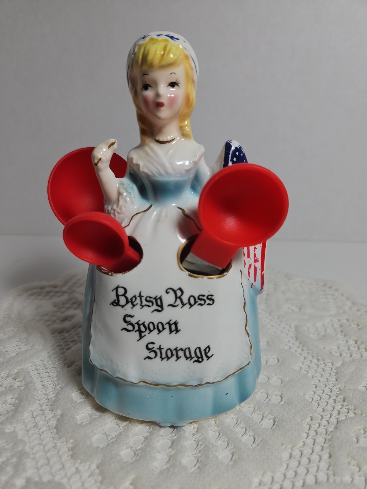 Vintage Enesco Betsy Ross w Patriotic Flag Ceramic *Measuring Spoon* Holder