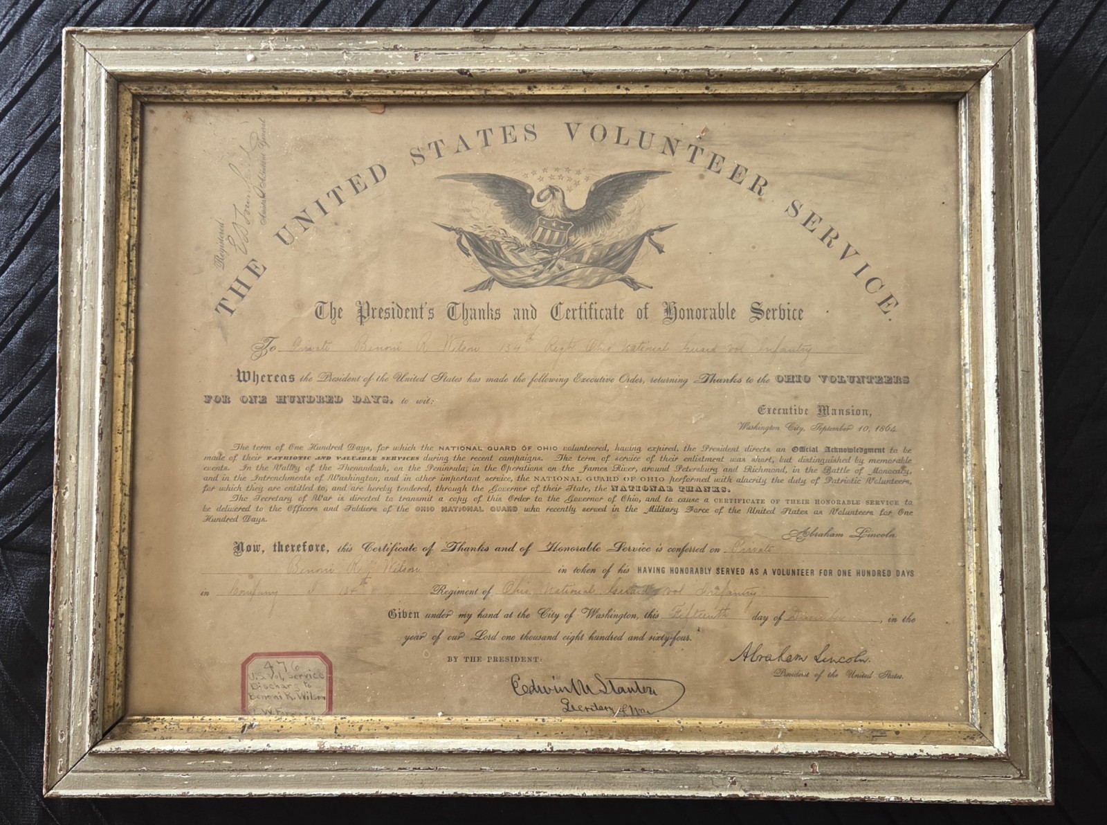 Antique Abraham Lincoln Ohio Volunteer National Guard 100 Days Award Framed 1864 Antique Abraham Lincoln Ohio Volunteer National Guard 100 Days Award Framed 1864