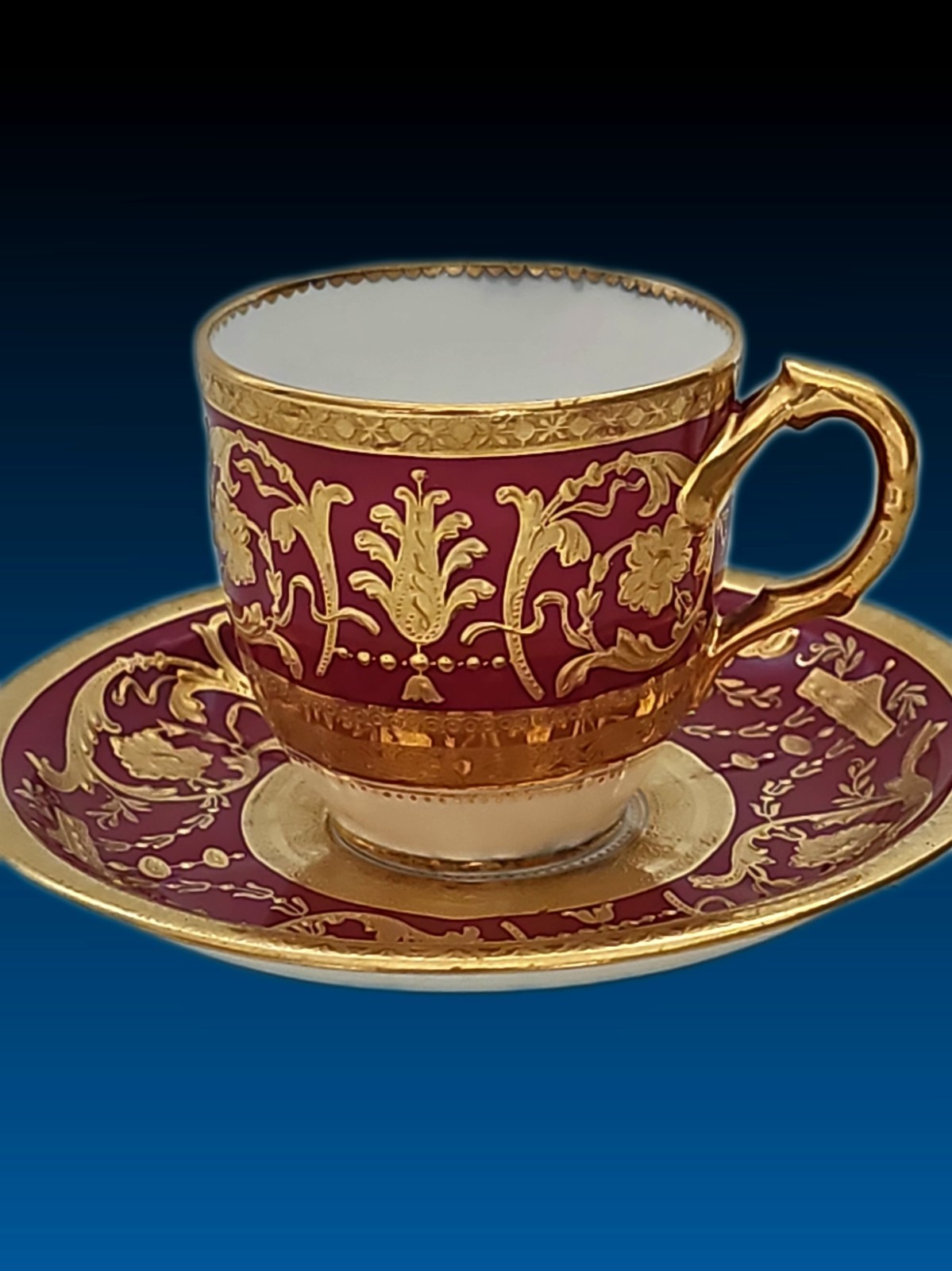 Antique Minton for Davis Collamore Crimson Red & Encrusted Gold Demitasse Set