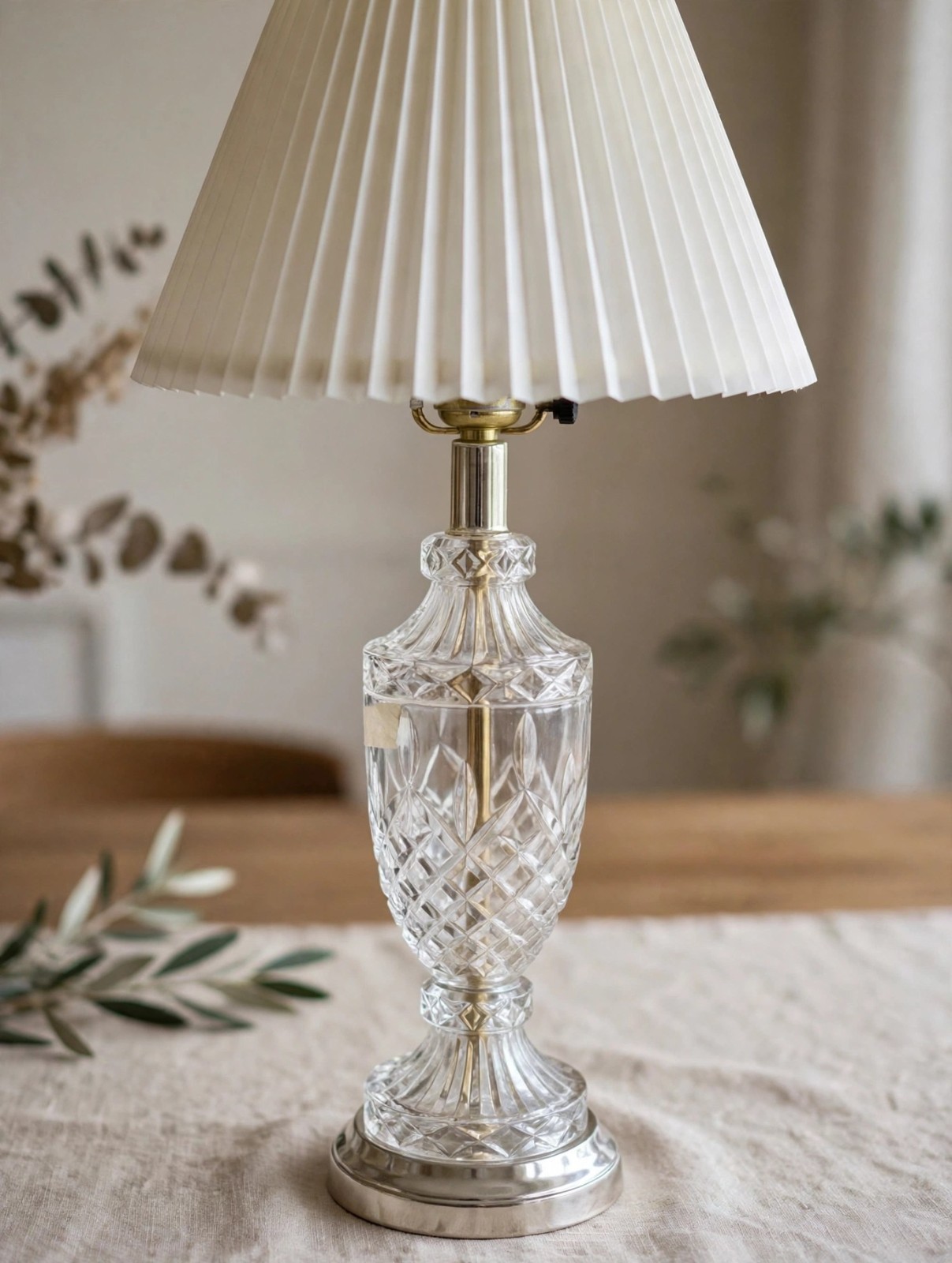 Vintage Cut Crystal Table Lamp with Vintage Pleated Shade