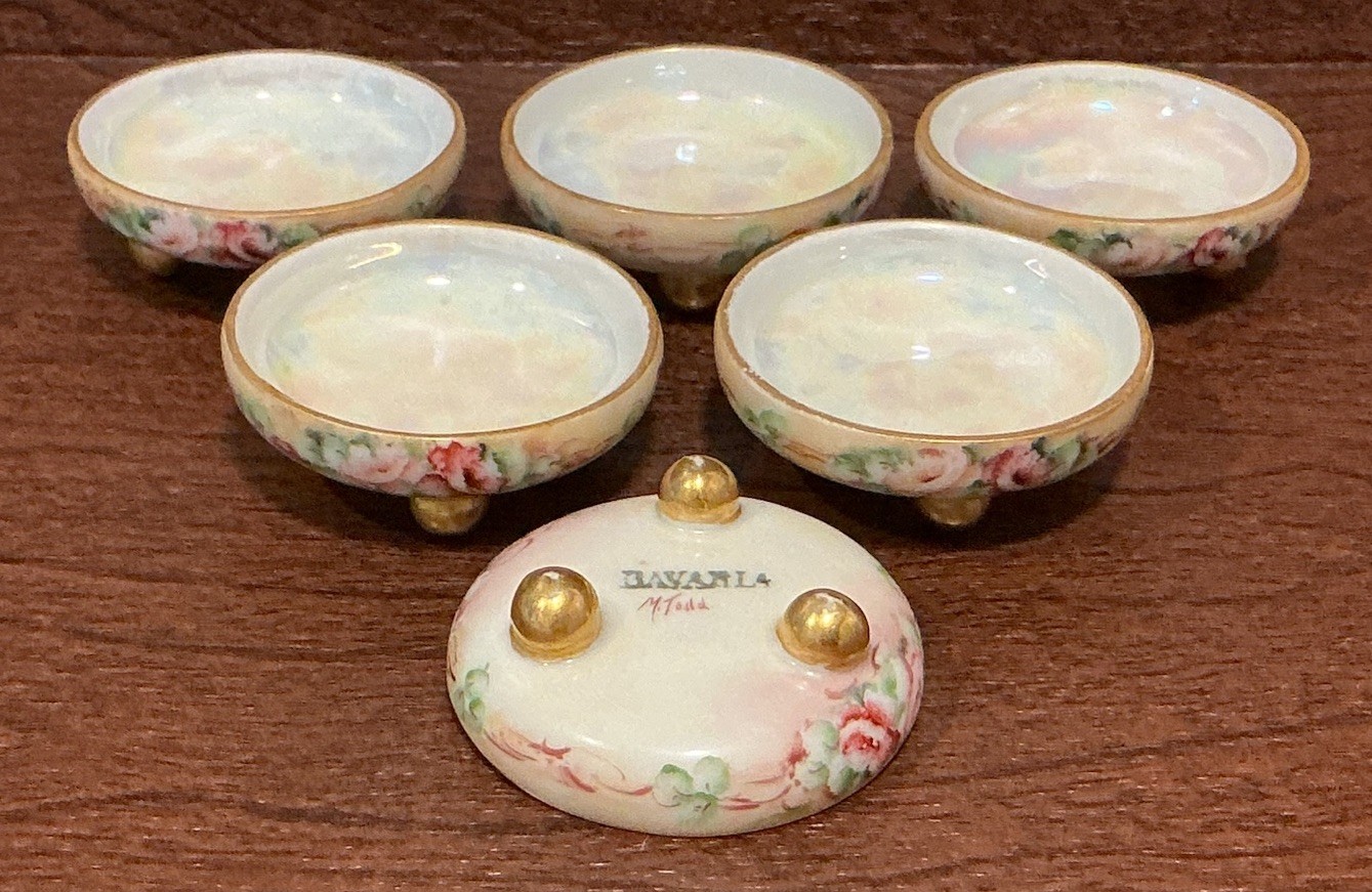 ANTIQUE INDIVIDUAL SALT CELLARS ~ SIX PC. SET ~ HAND PAINTED ~ SIGNED ~ BAVARIA