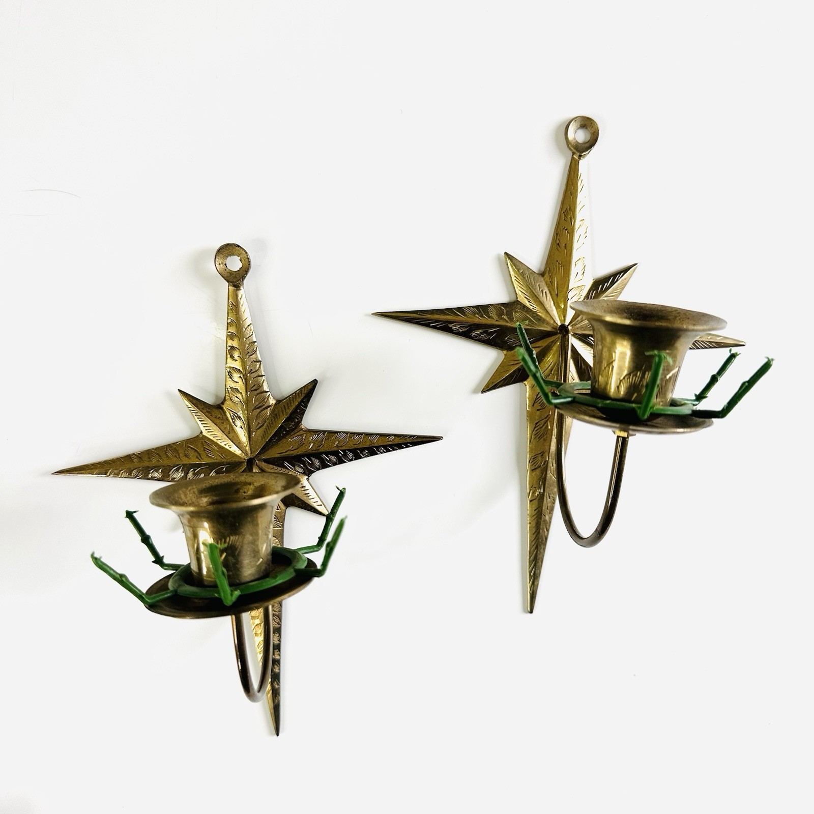 Vintage Worldgift Brass Christmas Starburst Candle Wall Sconces Pair MCM India