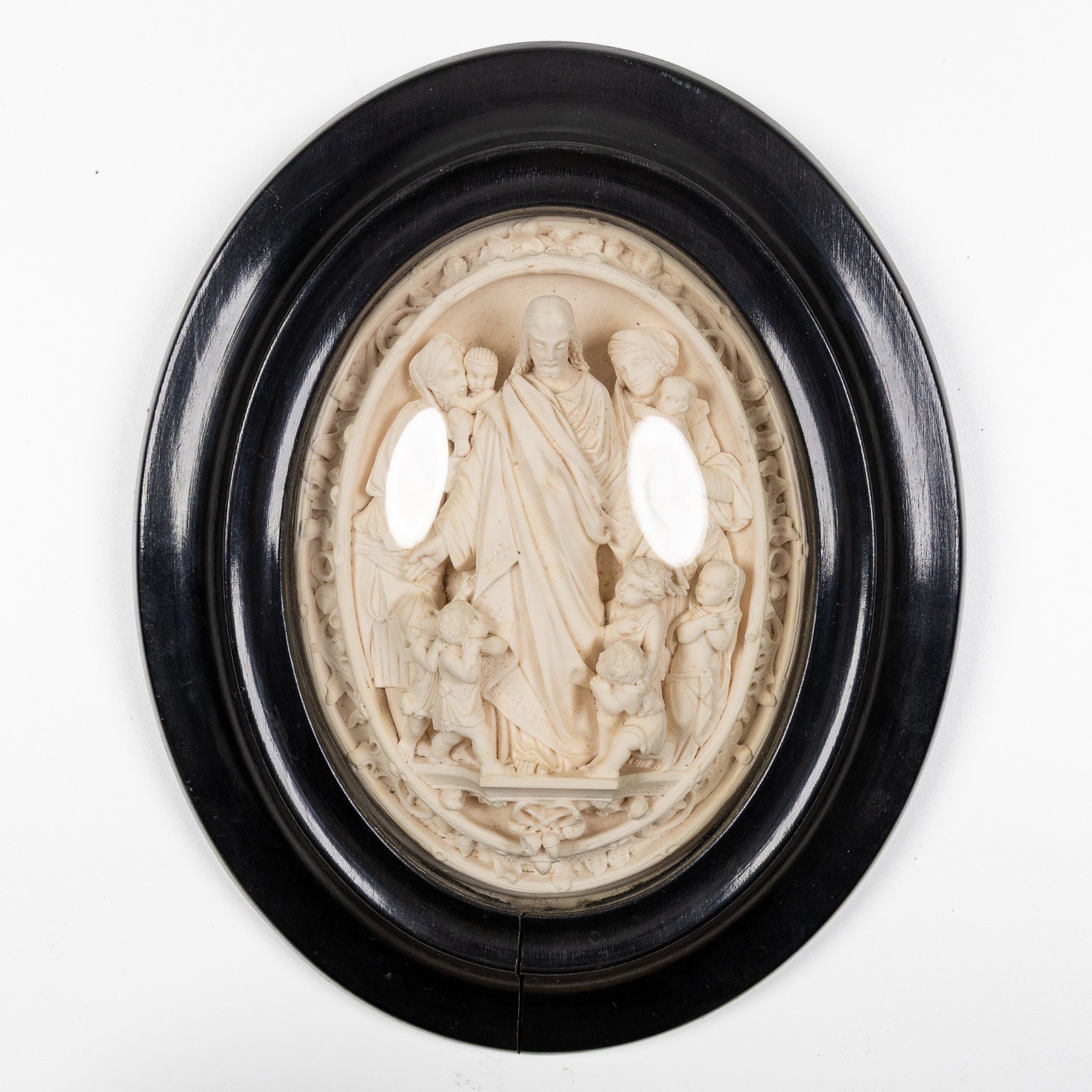 Antique 19thc Meerschaum bas relief Christ calling children to him plaque Antique 19thc Meerschaum bas relief Christ calling children to him plaque