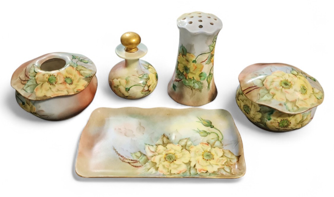 Antique R.S. Germany Hand-Painted Porcelain 5 Piece Floral Vanity Dresser Set 