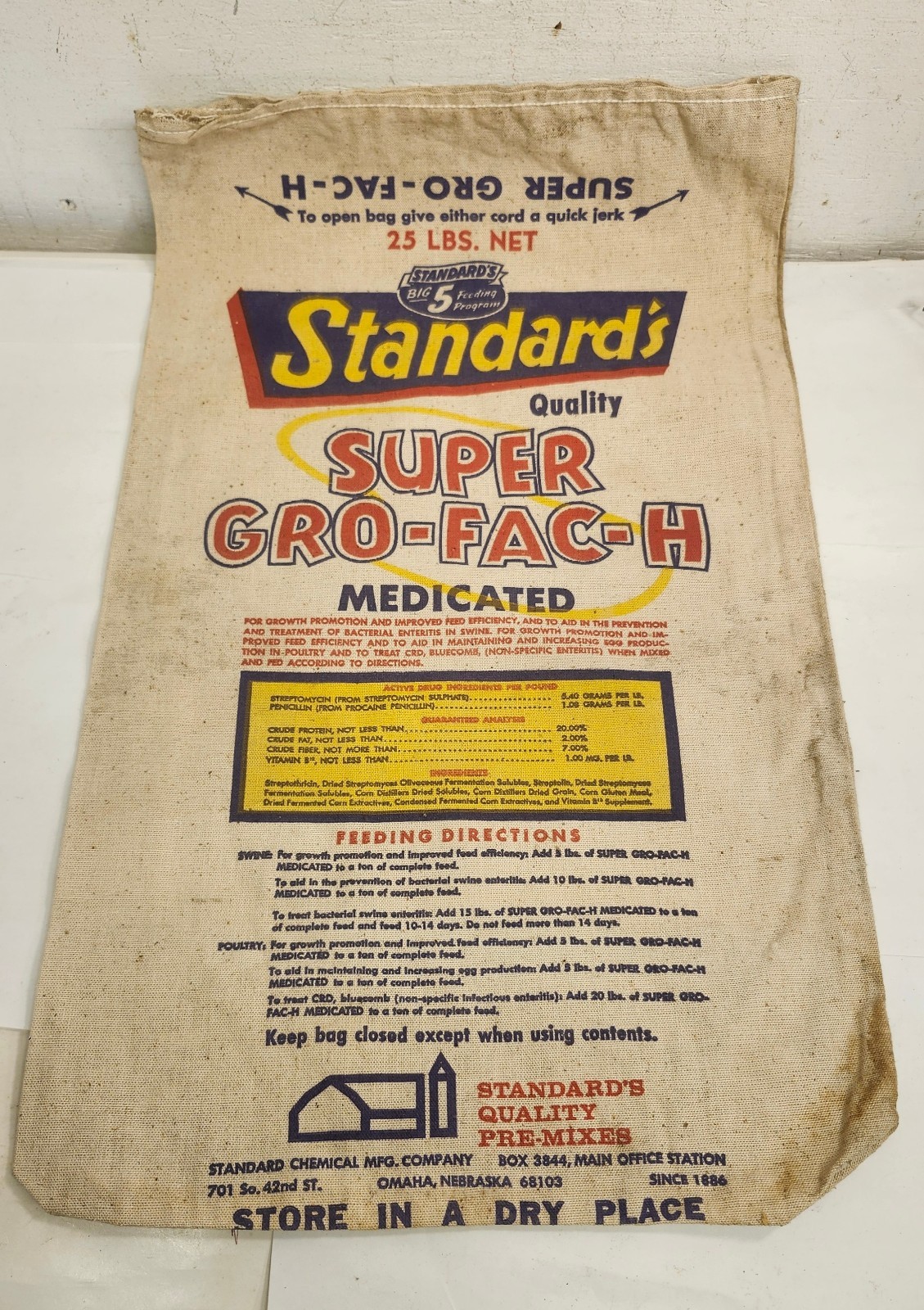 Vintage Standard Super Gro Fac H Medicated Feed Sack Bemis Cat Bag