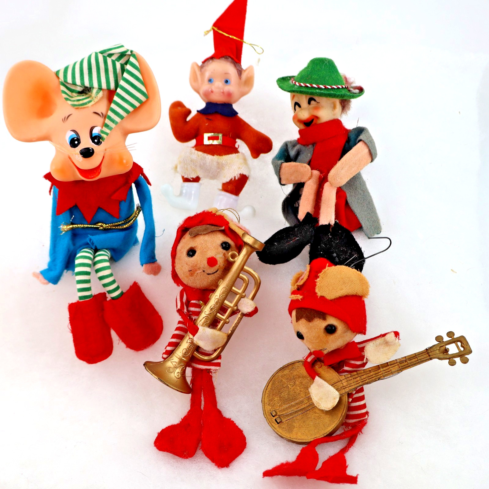 5 Vintage MCM Lot Ornaments Knee Huggers Shelf Sitter Mouse Elf felt flocked 60s