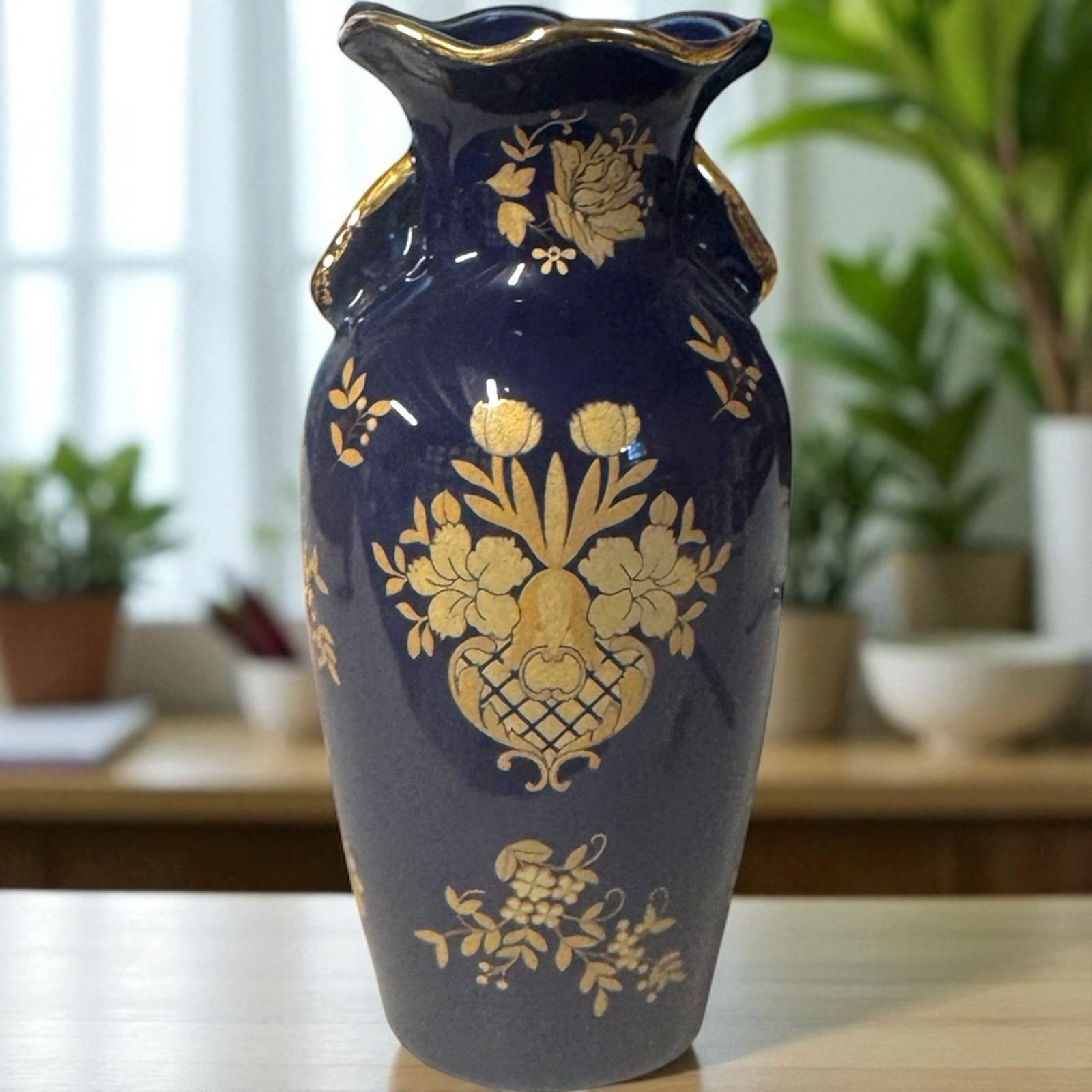 VTG Hand Painted Porcelain Collectible Vase 8” Dark Blue Floral Double Handle