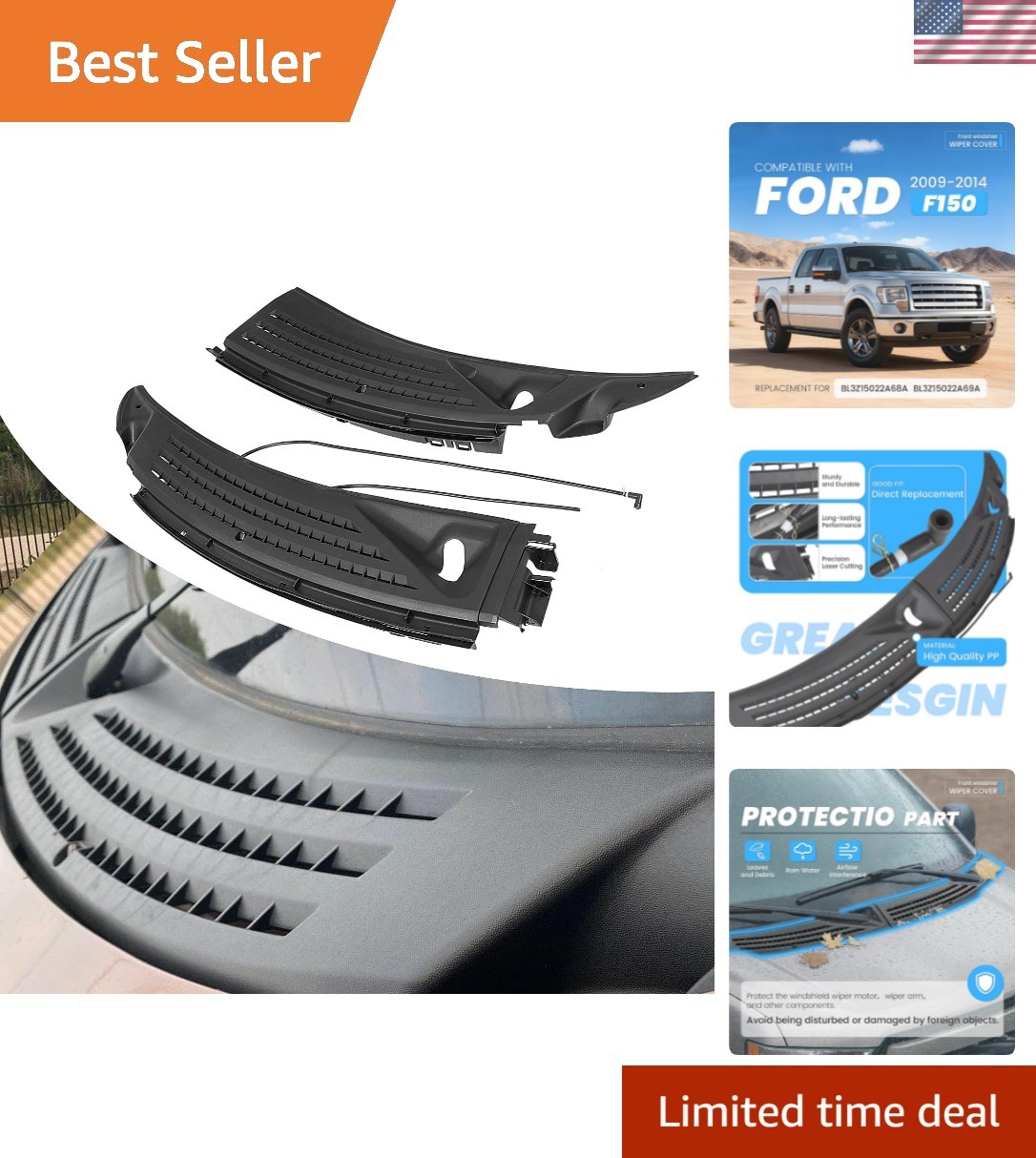 Windshield Wiper Cowl Panel Grille Vents Compatible with 09-14 F150 Windshield Wiper Cowl Panel Grille Vents Compatible with 09-14 F150