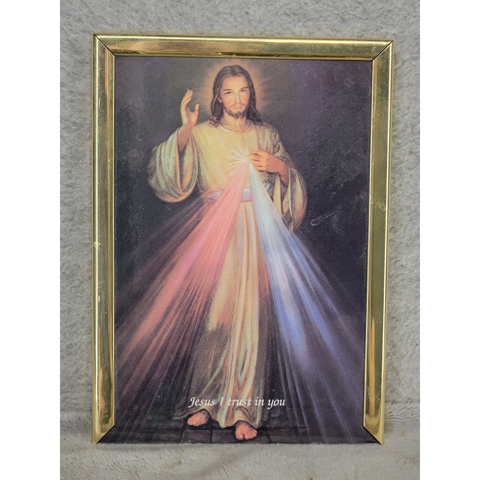 Vintage Jesus I Trust In You Divine Mercy Religious Art Gold Frame 5.25x7.25