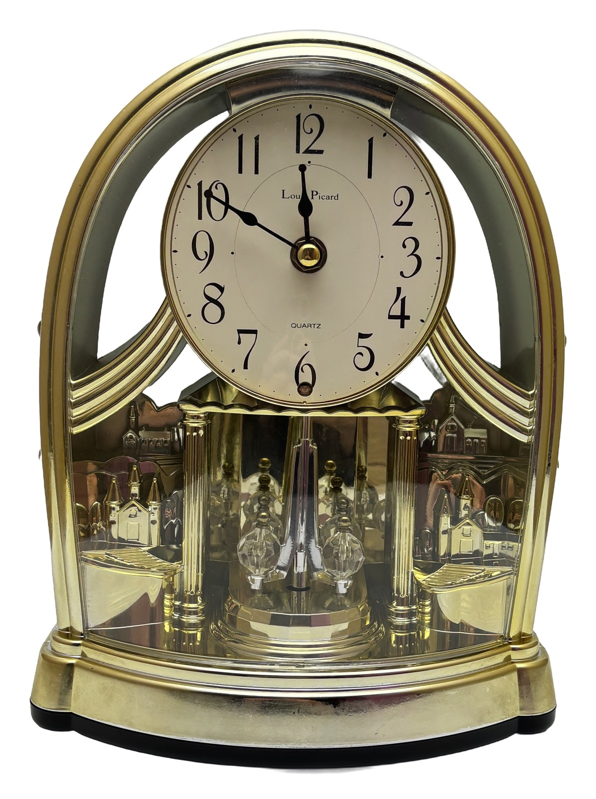 Lou Picard Quartz Anniversary Mantel Clock Gold Tone Arch Rotating Pendulum