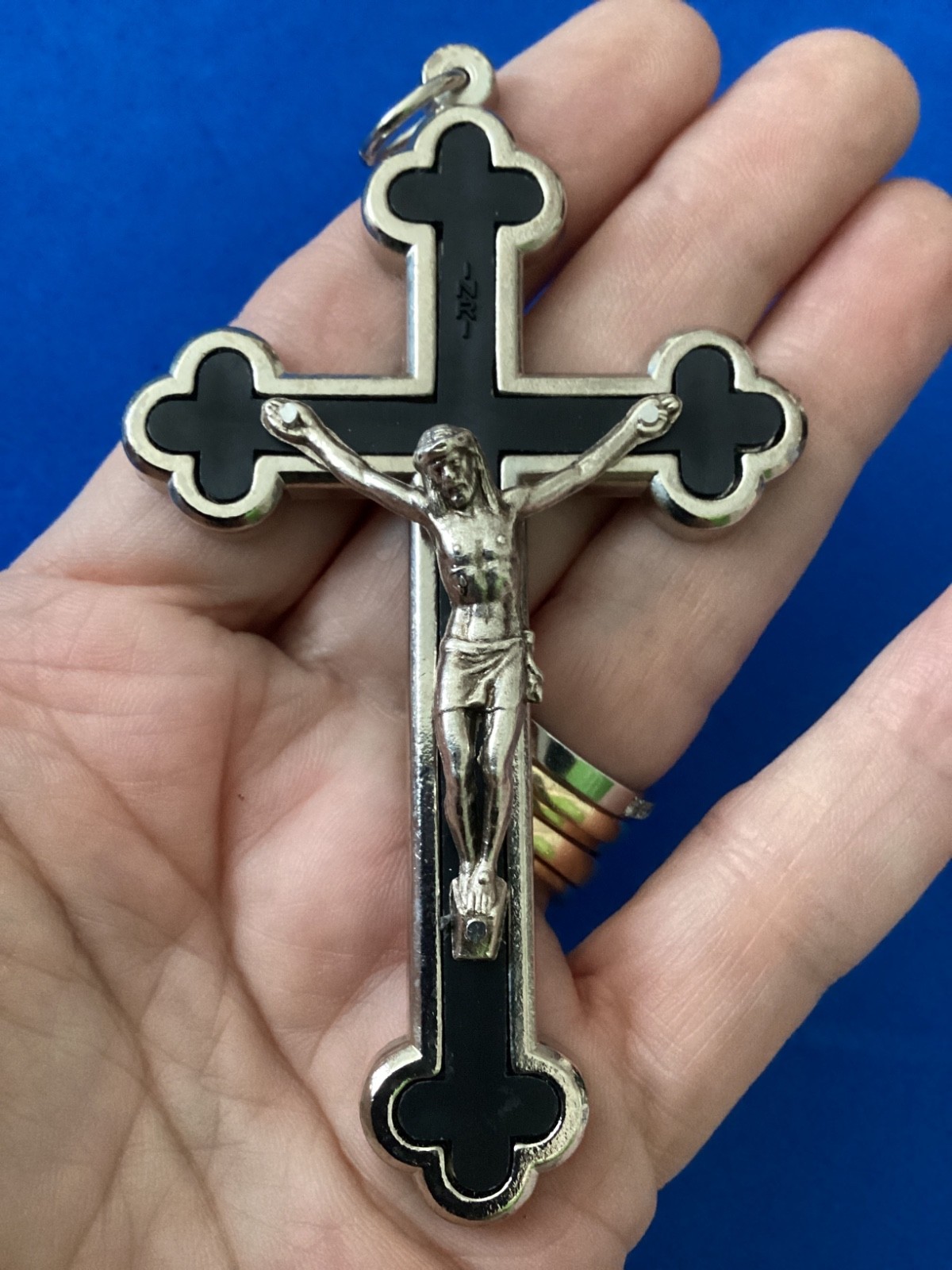 Budded Crucifix Cross Silver Tone Metal 3-3/4” Black inlay