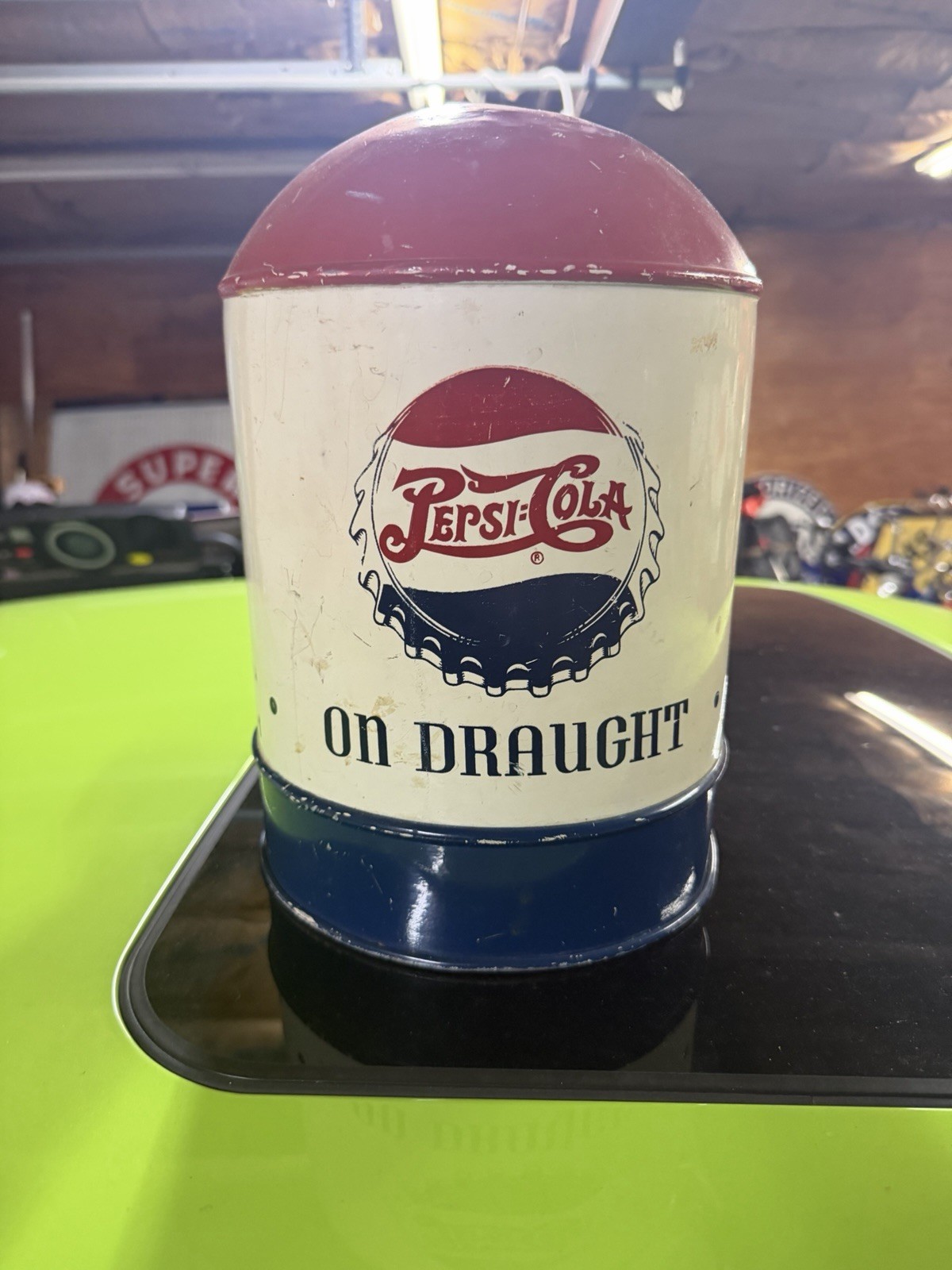 Vintage Rare 1940s Pepsi Cola Double Dot On Draught Metal Syrup Advertising