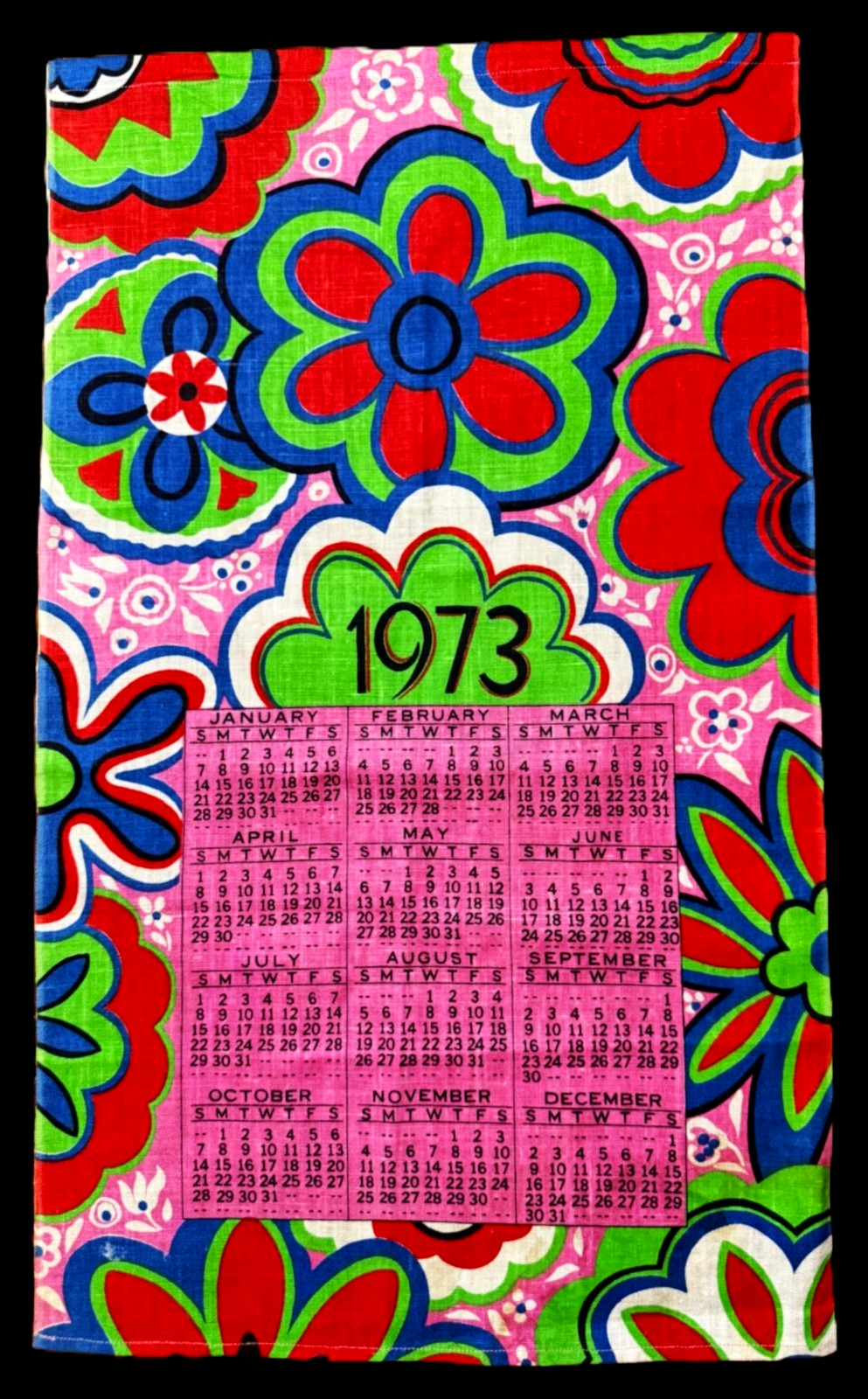 NOS 1973 Linen Calendar Towel BIG BOLD FLOWERS