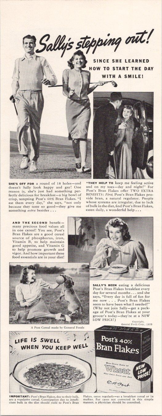 1939 Original Post's 40% Bran Flakes Vintage Print Ad Life Magazine 1939 Original Post's 40% Bran Flakes Vintage Print Ad Life Magazine
