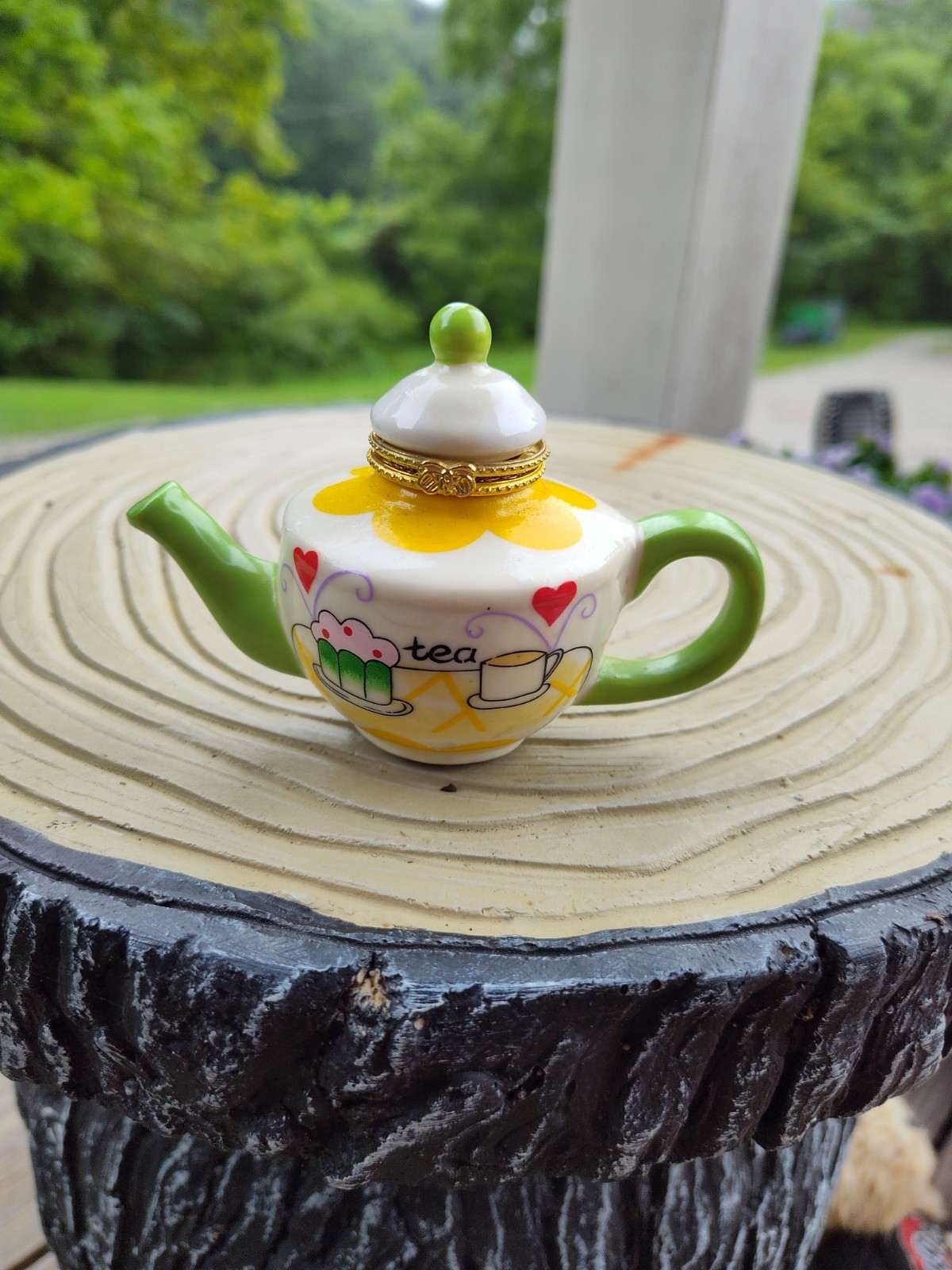 Vintage Miniature Porcelain Tea Pot with Hinged Lid White Yellow Vintage Miniature Porcelain Tea Pot with Hinged Lid White Yellow
