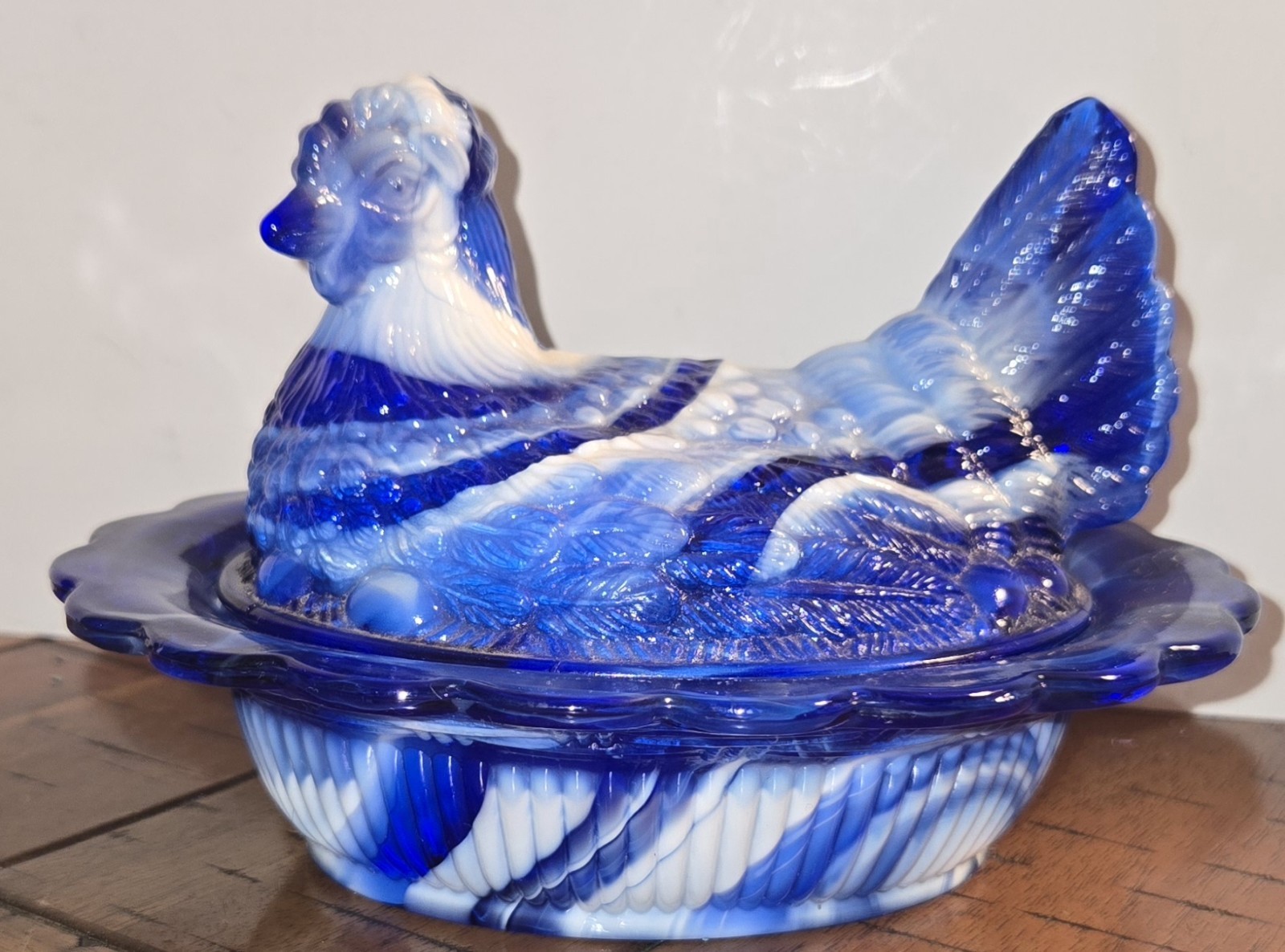 Rare Vtg Intense Cobalt Blue Marble Slag Glass Hen on Nest 6\ Rare Vtg Intense Cobalt Blue Marble Slag Glass Hen on Nest 6\