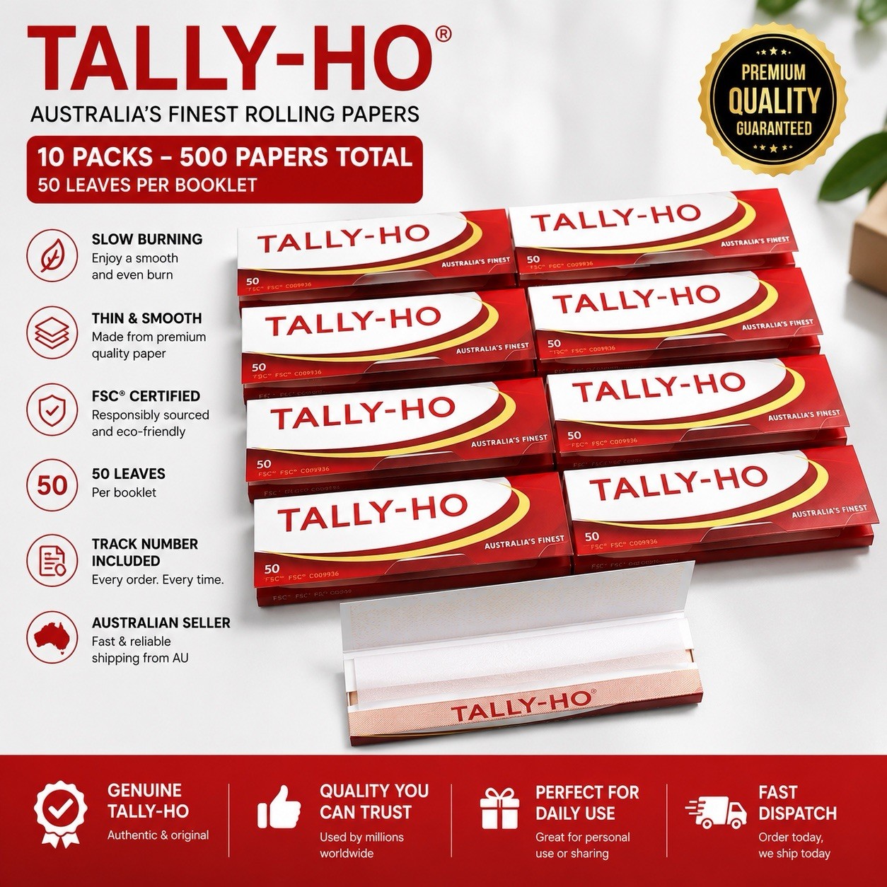 10x Tally-Ho Rolling Papers 50 Leaves Each | 500 Papers Total | Fast AU Post￼