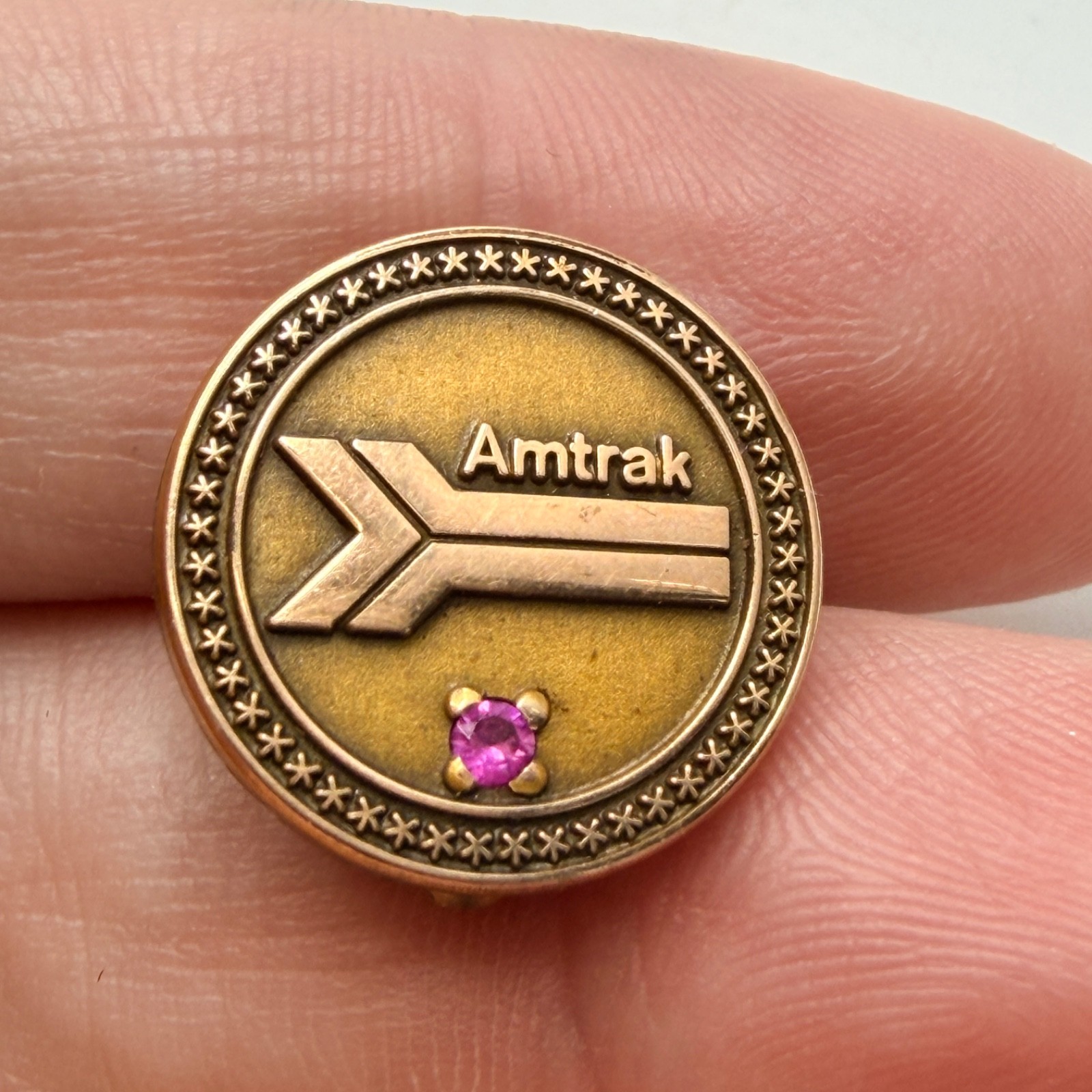 Amtrak Railroad Employee Service Lapel Pin Pink Stone Award Vintage 1/10 10k GF Amtrak Railroad Employee Service Lapel Pin Pink Stone Award Vintage 1/10 10k GF