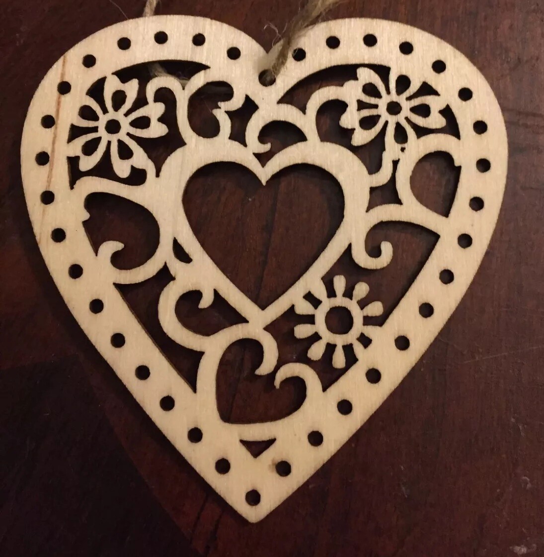 Wood Heart Ornament with Flowers. Laser-cut Design. Natural, $20=Free Shipping