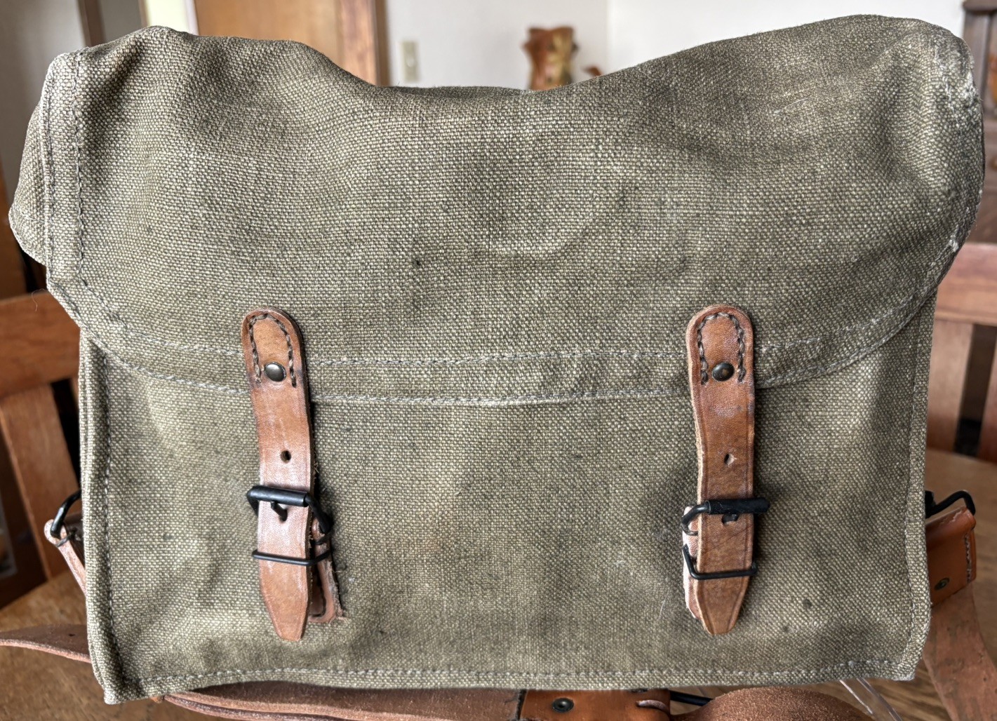 Vintage Converted 1950s French Military Canvas Leather Satchel Bag Khaki Green Vintage Converted 1950s French Military Canvas Leather Satchel Bag Khaki Green