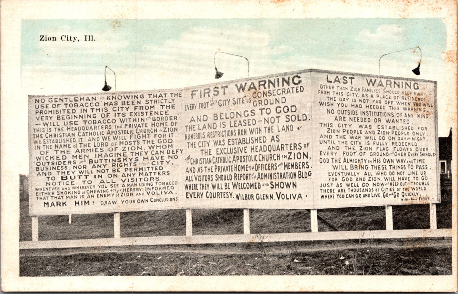Warning Sign Zion City Illinois IL UNP WB Postcard D30