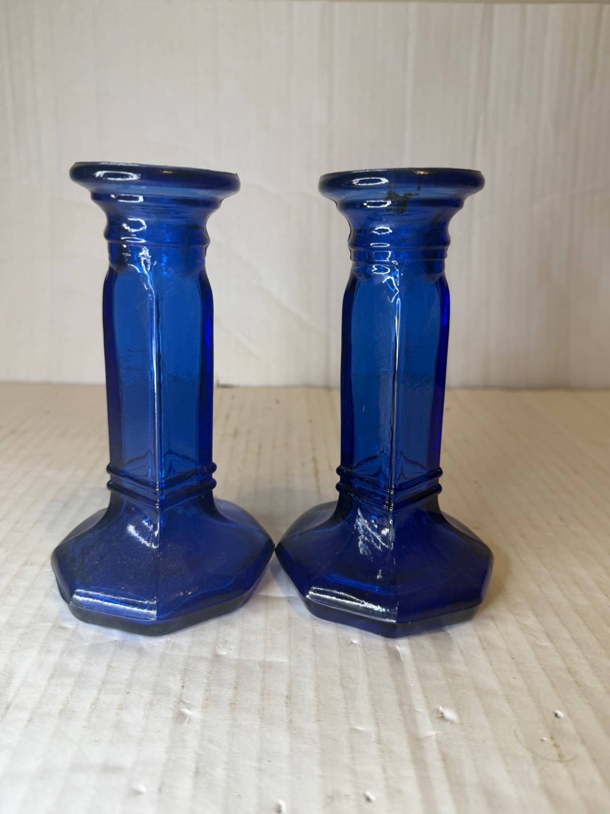 Vintage Cobalt Blue Pressed Glass Candlestick Holders Pair Vintage Cobalt Blue Pressed Glass Candlestick Holders Pair