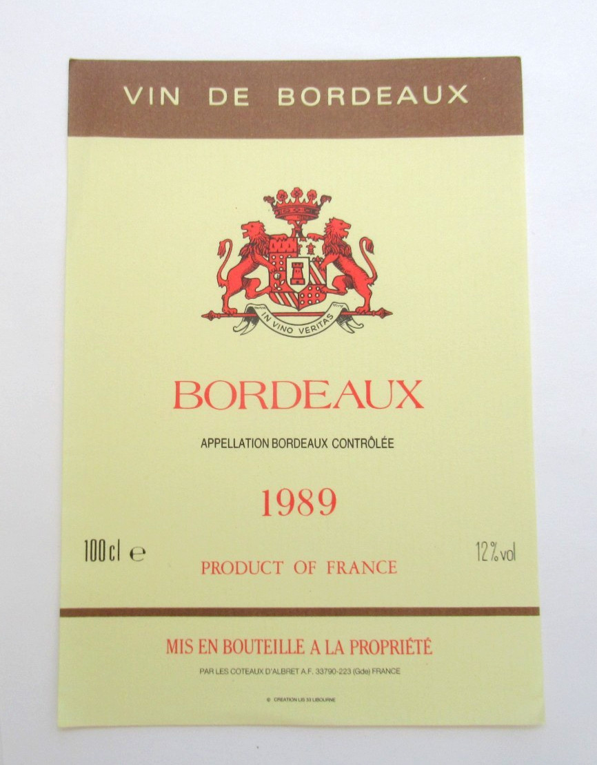 Vintage 1989 Vin de Bordeaux Wine Label Les Coteaux d'Albret France