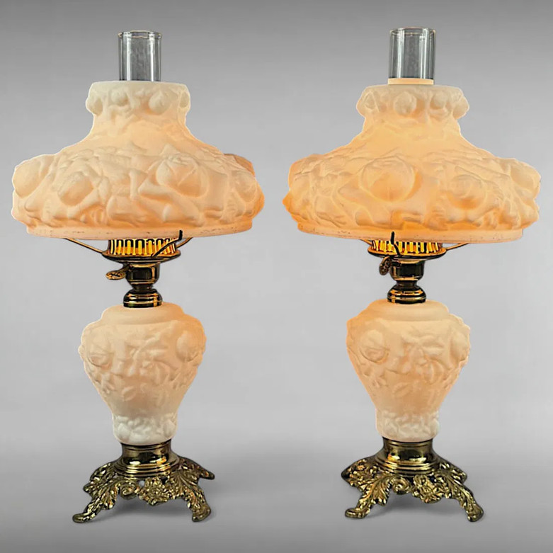 Pair Vintage Fenton Style Cased Glass Puffy Rose GWTW Lamps Pair Vintage Fenton Style Cased Glass Puffy Rose GWTW Lamps