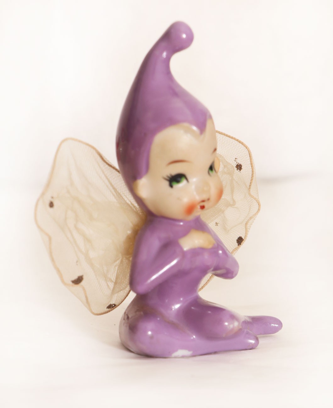 50's Purple Fairy Ceramic Figurine Japan Mesh Wings Elf Pixie Girl RARE vintage