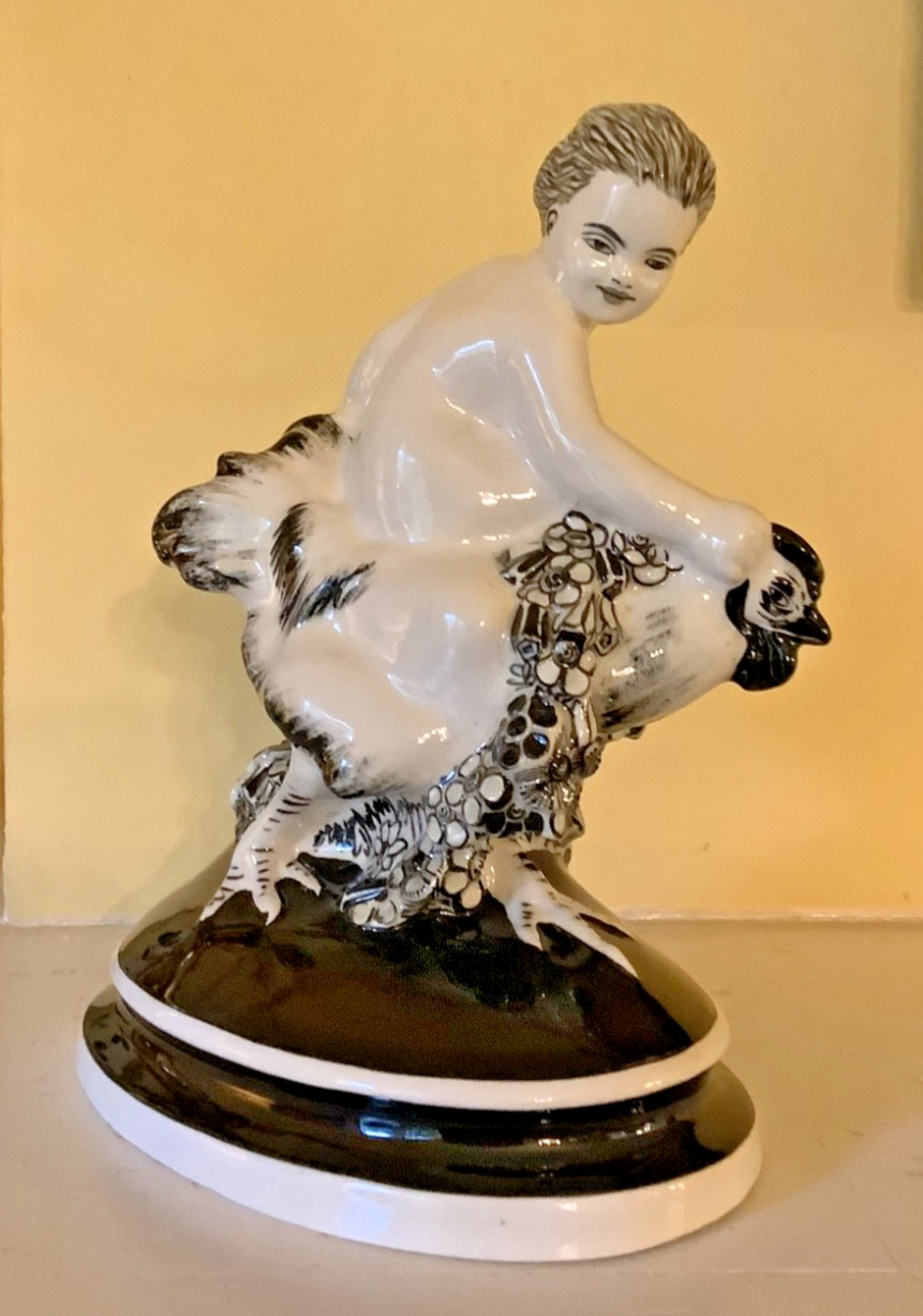 RARE Wiener Werkstatte Putto Riding Rooster Figurine, c1910, Art Nouveau Viennna RARE Wiener Werkstatte Putto Riding Rooster Figurine, c1910, Art Nouveau Viennna