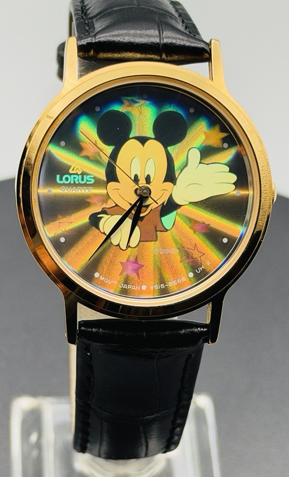 Vintage Disney Watch 35mm Lorus Mickey Mouse Hologram Gold Quartz Black Band