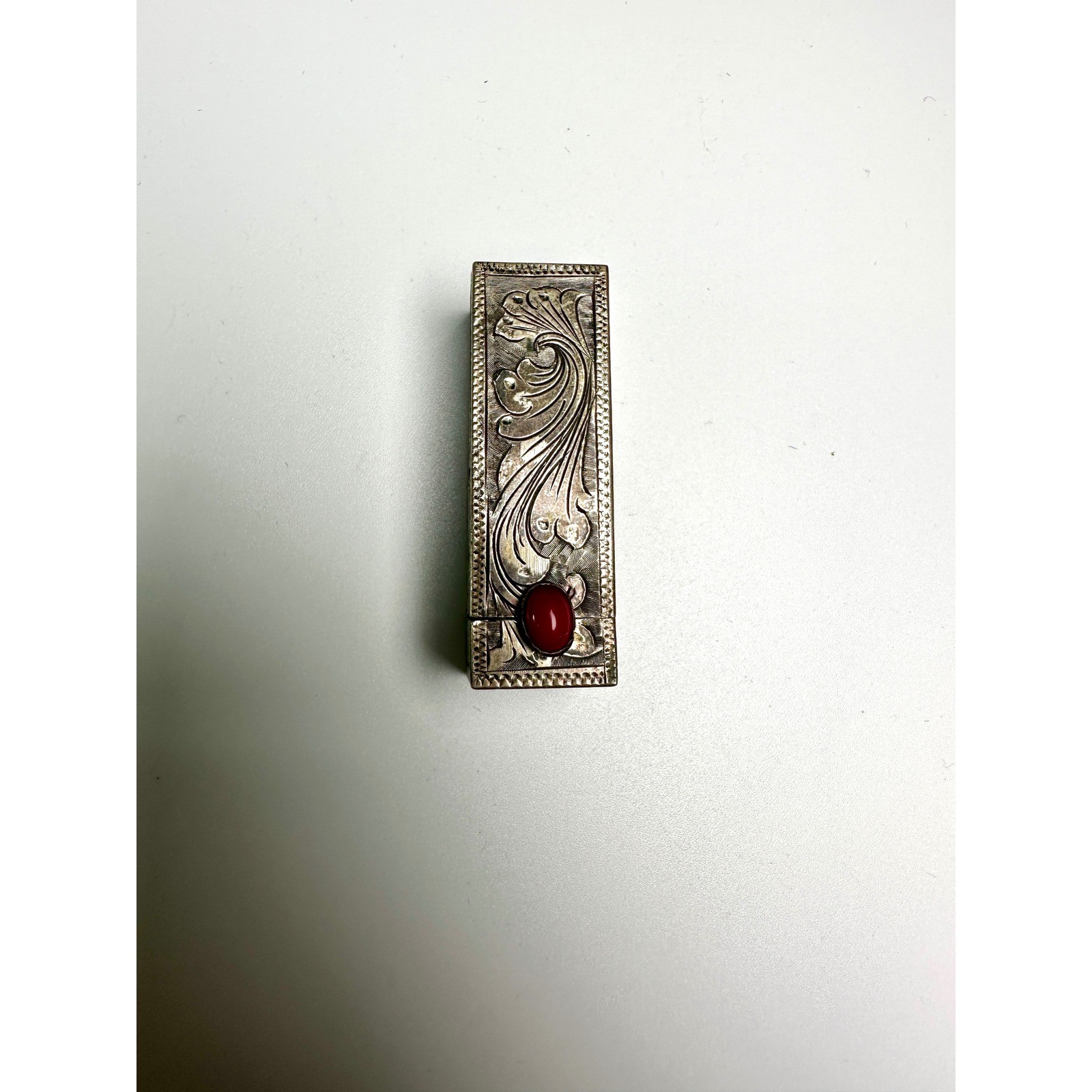 Vintage Italian 800 Silver Etched Lipstick Case Holder with Mirror Red Cabochon